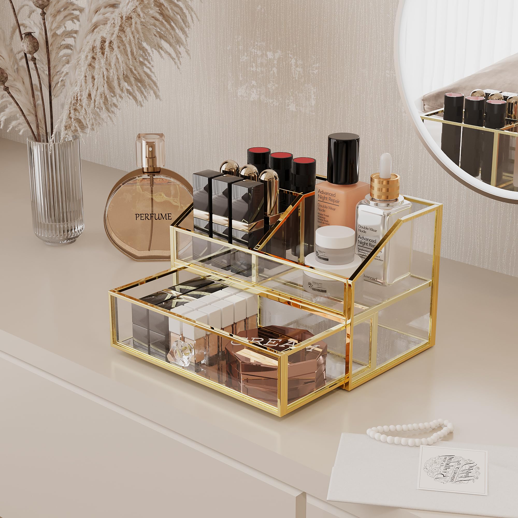 Clear Glass Makeup Organizer for Vanity & Jewelry - Bathroom & Dresser Storage
