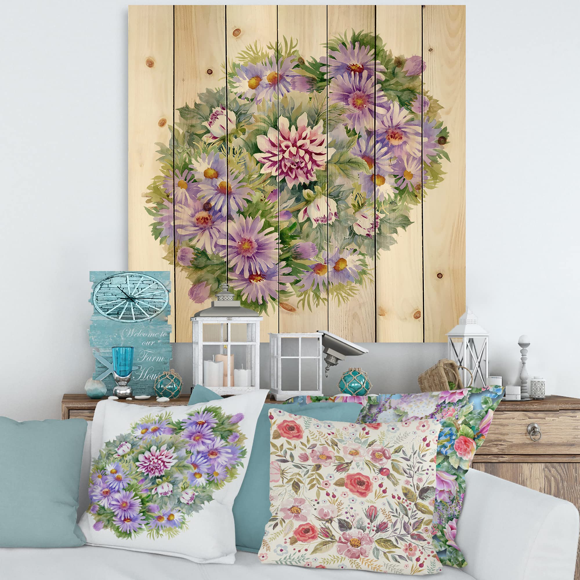 Handcrafted Purple Chrysanthemum Daisy Wood Wall Art - Traditional Floral Home Decor Printed on Natural Pine Wood - Perfect for Living Room, Bedroom or Office Decoration