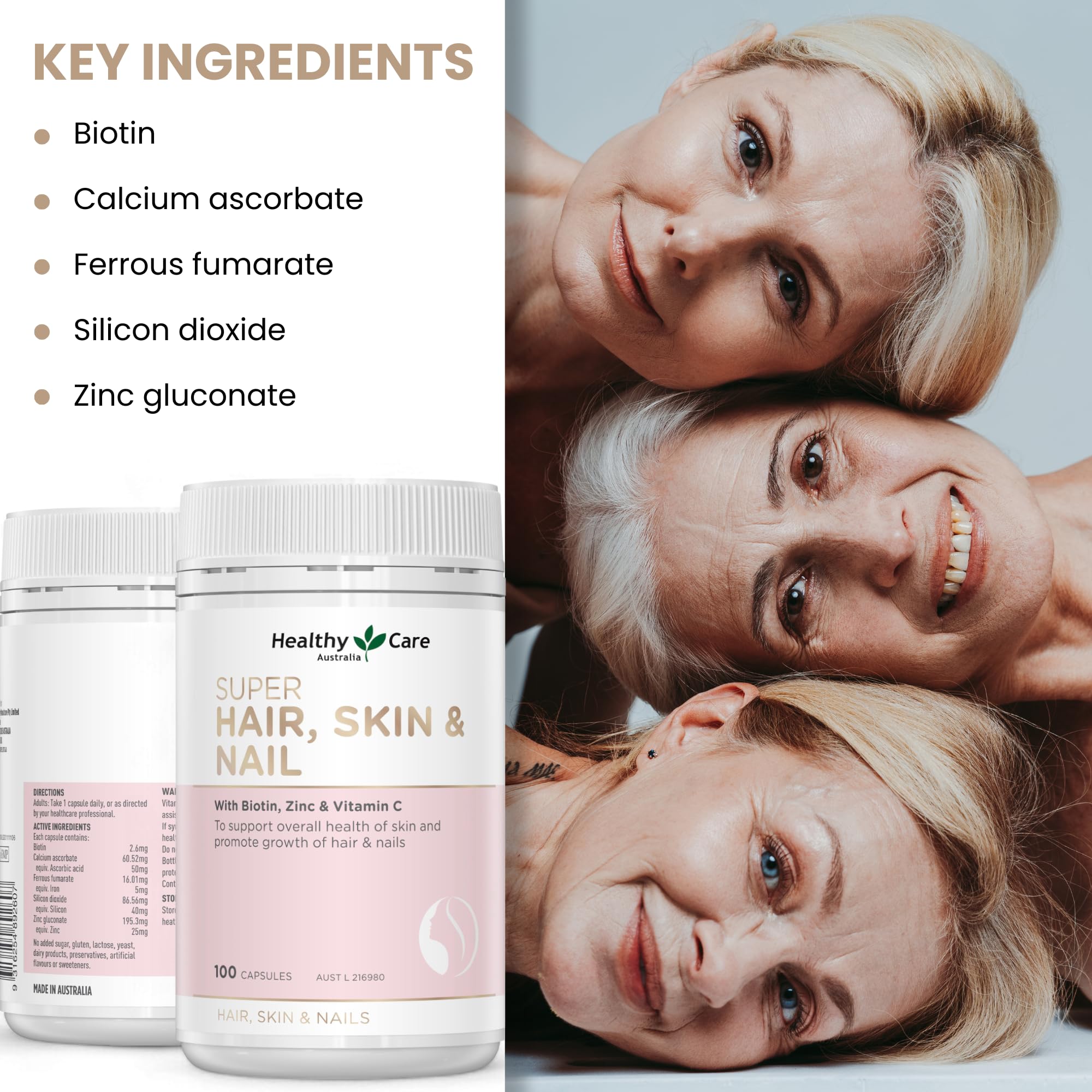 Healthy Care Super Hair Skin & Nails Supplement - 100 Capsules for Stronger Hair, Glowing Skin & Healthy Nails | Beauty & Wellness Support for Women & Men