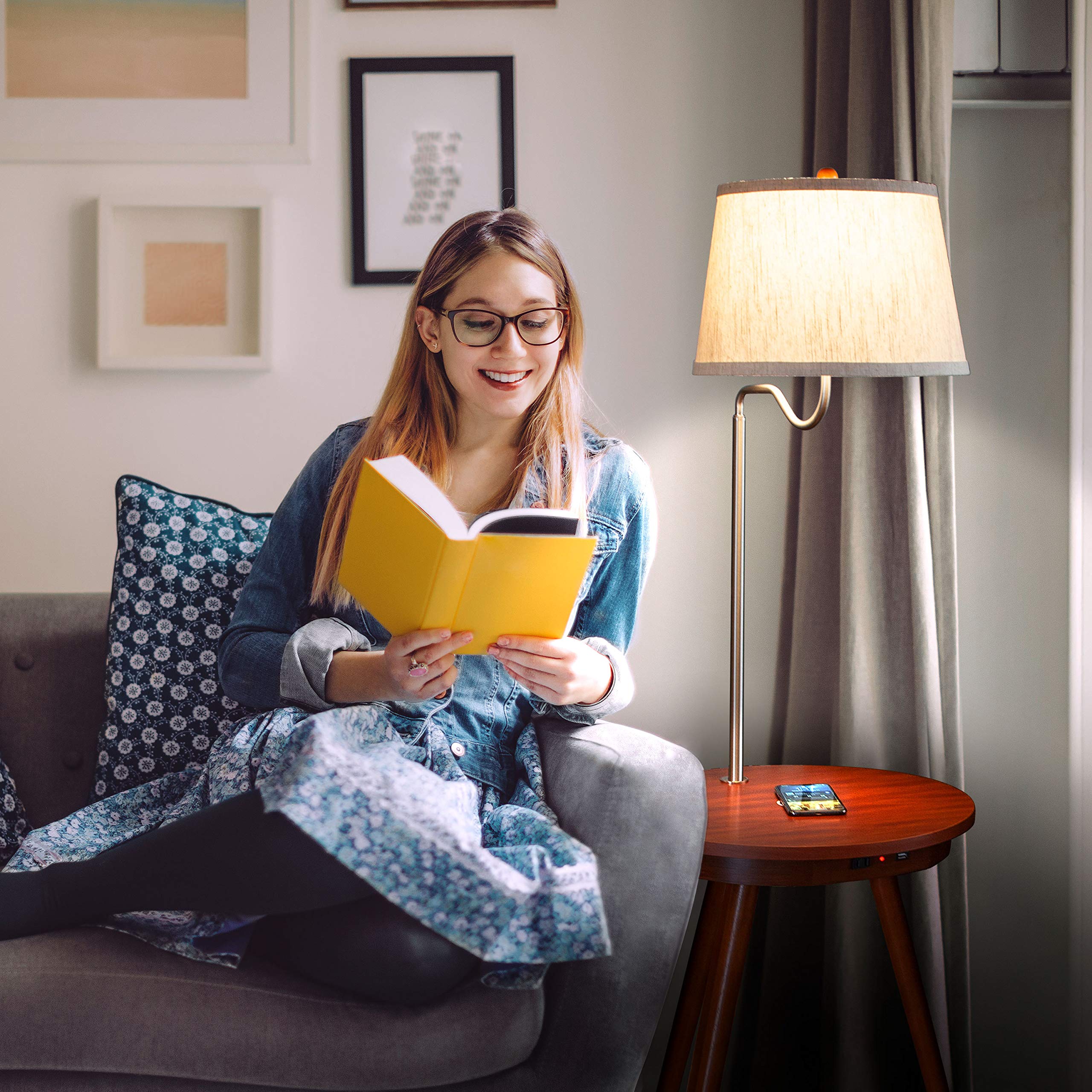 Brightech Owen LED Table Lamp & End Table Combo with USB Port - Modern Bedside Reading Light for Bedroom, Living Room & Office - Havana Brown | Perfect for Nighttime Reading & Home Office Workspace