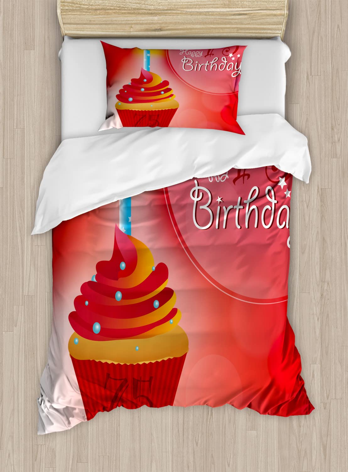 Ambesonne 75th Birthday Duvet Cover Set - Starry Candle Cupcake Design for Queen Size Bed, 2 Duvet Covers & 4 Pillowcases, Red Orange & Blue - Perfect for Birthday Parties, Guest Rooms & Cozy Bedroom Decor