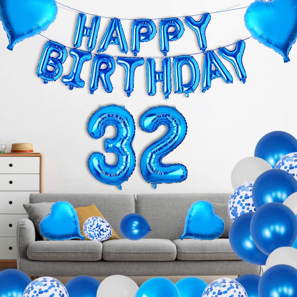 32nd Birthday Party Decorations - Blue Happy Birthday Foil Balloons, Number 32 Cake Topper, Latex & Confetti Balloons, Garland Banner Set - Perfect for Adult Birthday Celebrations, Milestone Parties & Photo Backdrops