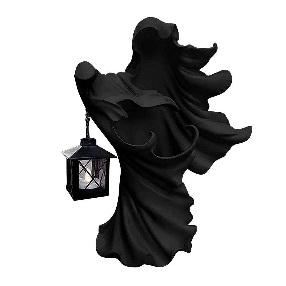 Resin Ghost Statue with Lantern - Halloween Decor, Cracker Barrel Inspired Gothic Sculpture (8x7x4 inches, Black) for Spooky Yard, Garden, or Home Decoration - Perfect for Halloween Parties & Haunted House Themes