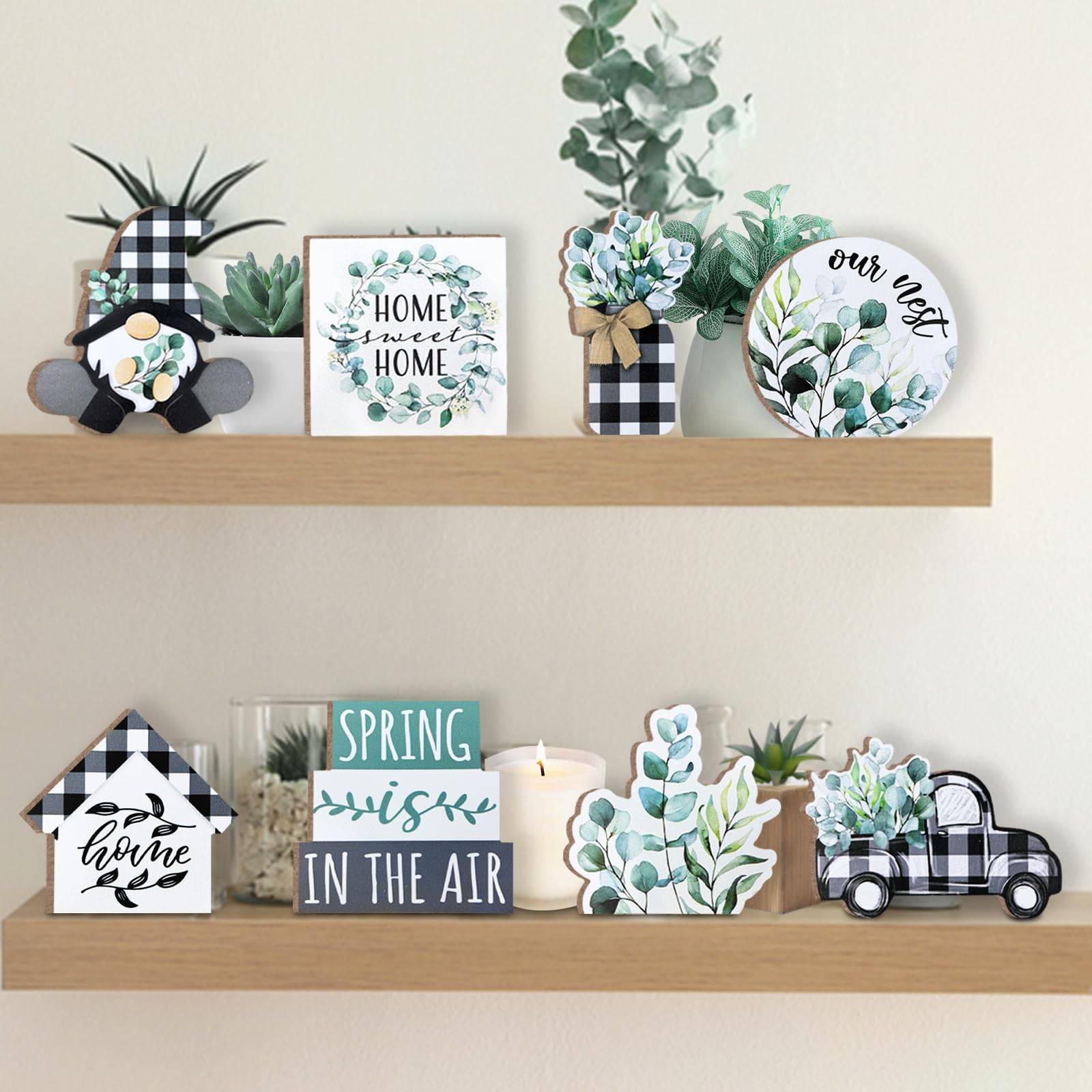 Farmhouse Spring Tiered Tray Decor Set with Eucalyptus Leaves, Gnome Wreath & Buffalo Plaid Mason Jar - Rustic Wooden Signs for Home Table, Shelf, Mantel Decor | Perfect for Easter, Wedding, Baby Shower & Farmhouse Party Decorations