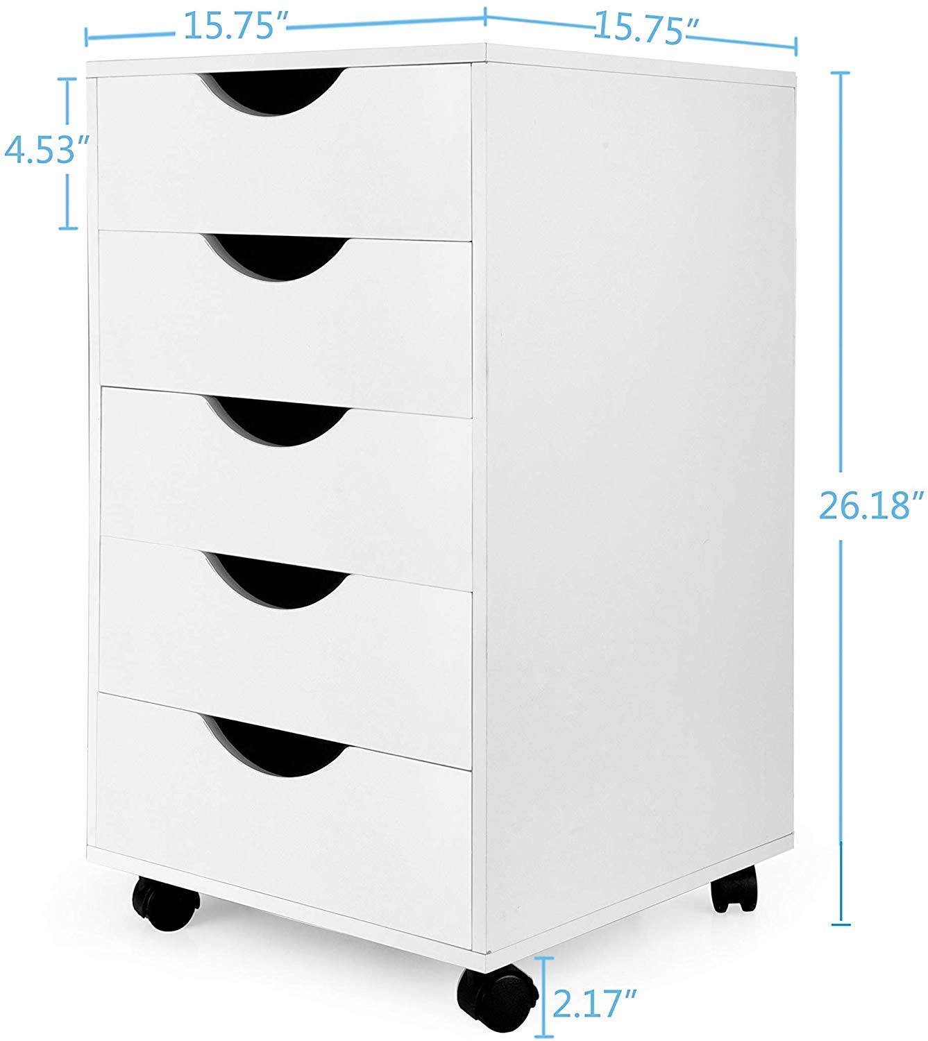 White Wooden 5-Drawer Mobile File Cabinet with Wheels - Rolling Storage Organizer Cart for Home Office, School, or Classroom Organization