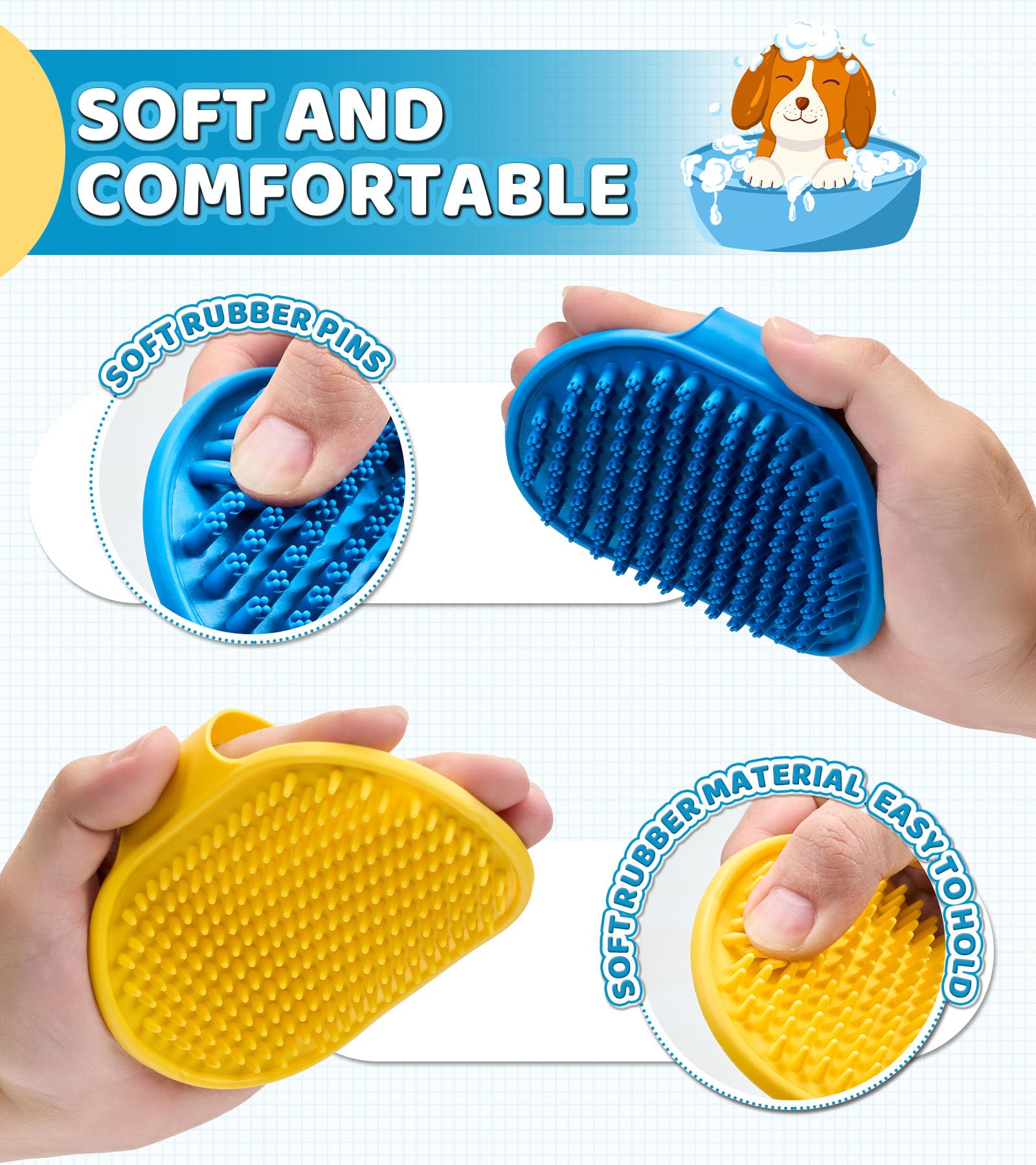 4PCS Dog Bath Brush Set - Pet Massage Shampoo Brush & Scrubber for Dog Washing - Soft Silicone Bristles Grooming Brush for Dogs & Cats - Perfect for Bath Time, Shedding Control & Relaxing Massage - Blue