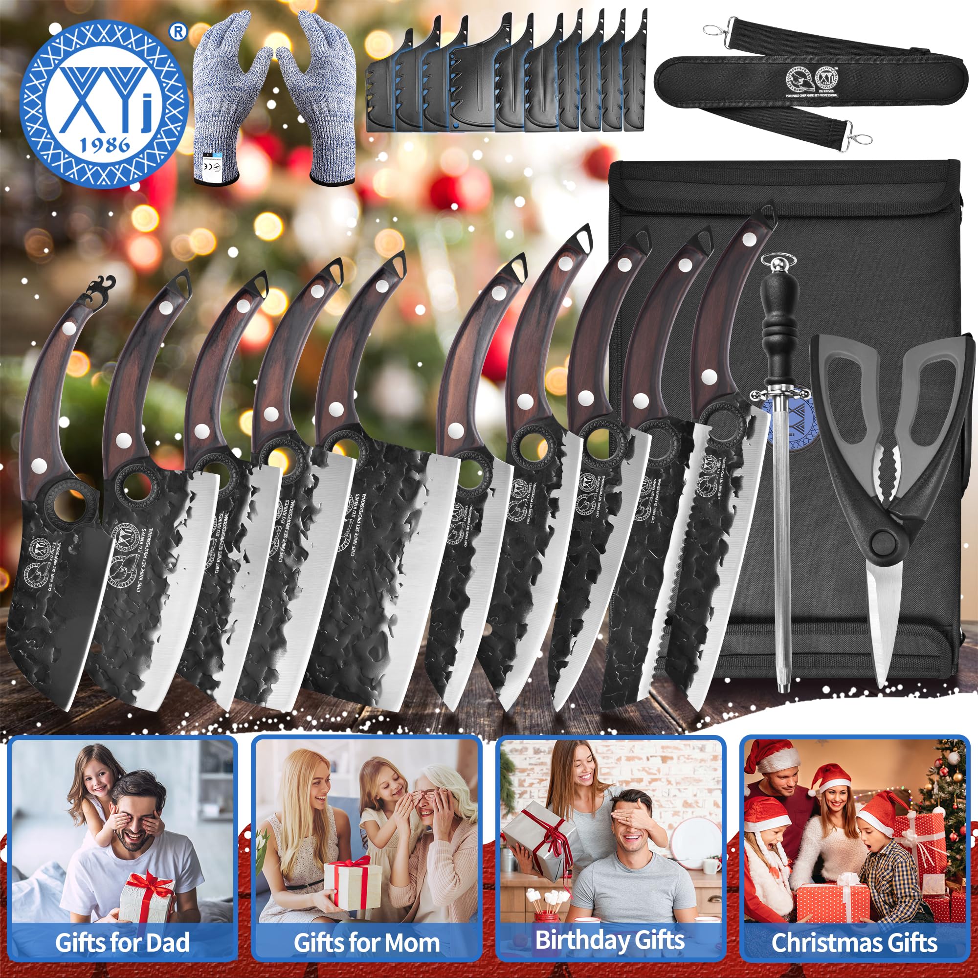 XYJ Professional Kitchen Knife Set - 6-Piece High-Carbon Steel Forged Chef Knives with Full Tang Design (Chef Knife, Cleaver, Carving Knife, Nakiri) Includes Carrying Case & Poultry Shears - Perfect for Home Cooking, Professional Chefs & Meat Processing