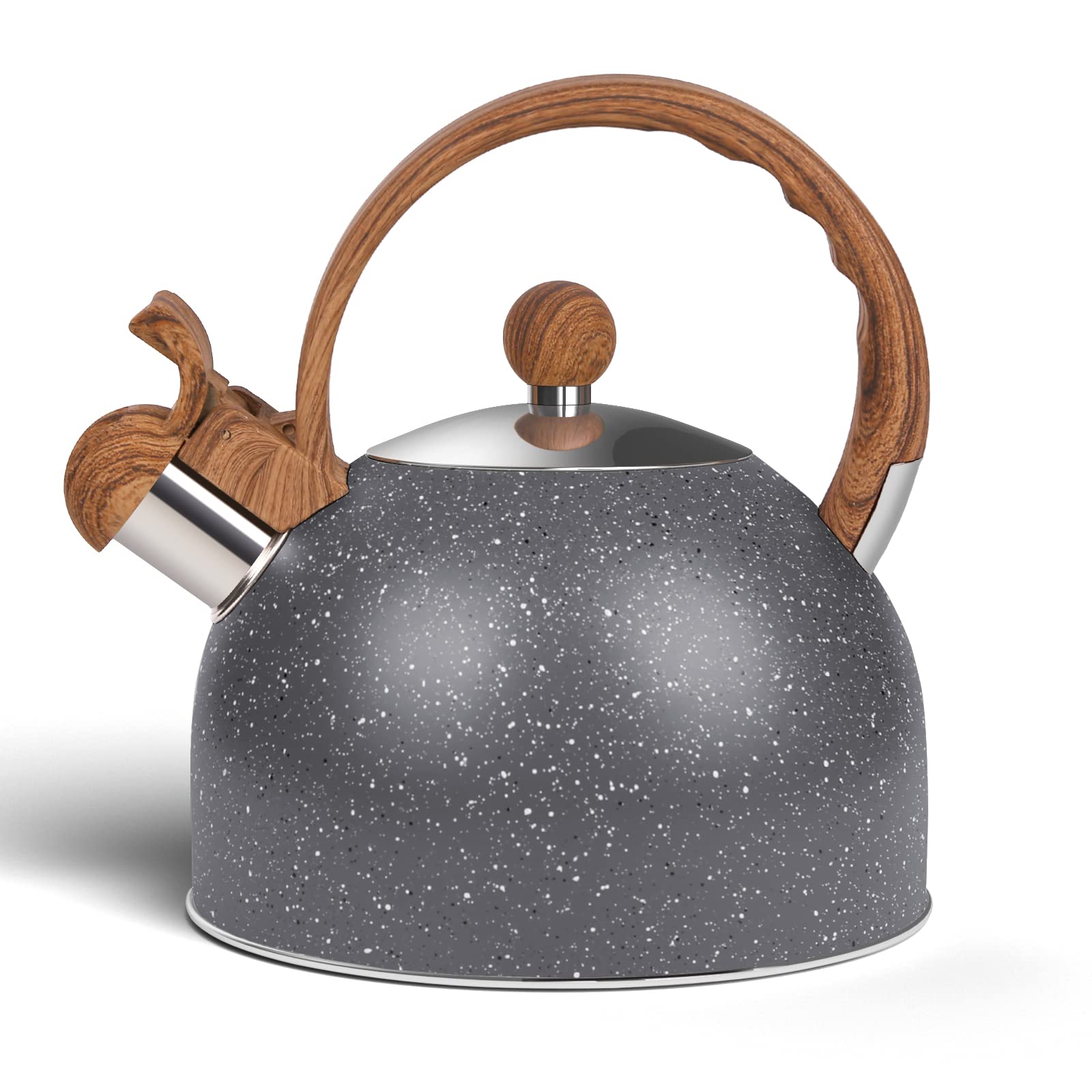 Premium 2.6 Quart Stainless Steel Whistling Tea Kettle for Gas & Induction Stovetops - Loud Whistle Alert, Durable Stone Coated Water Boiler for Tea, Coffee & Milk (Grey) - Ideal for Home Kitchen, Office & Camping Use
