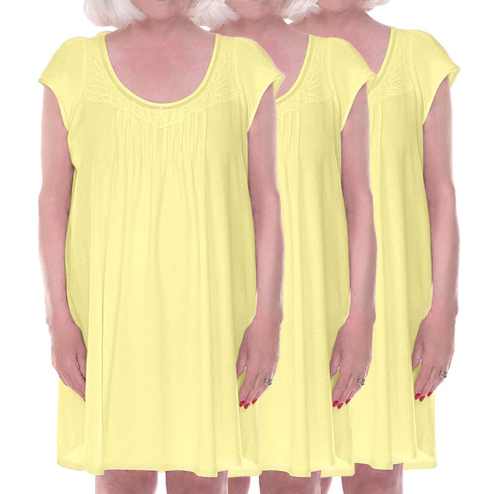 Women's Open Back Nightgown 3-Pack - 100% Cotton Cap Sleeve Nightgowns with Lace Yoke - Comfortable Nursing Home Gown in Yellow - Perfect for Elderly Care, Hospital Stay & Postpartum Recovery
