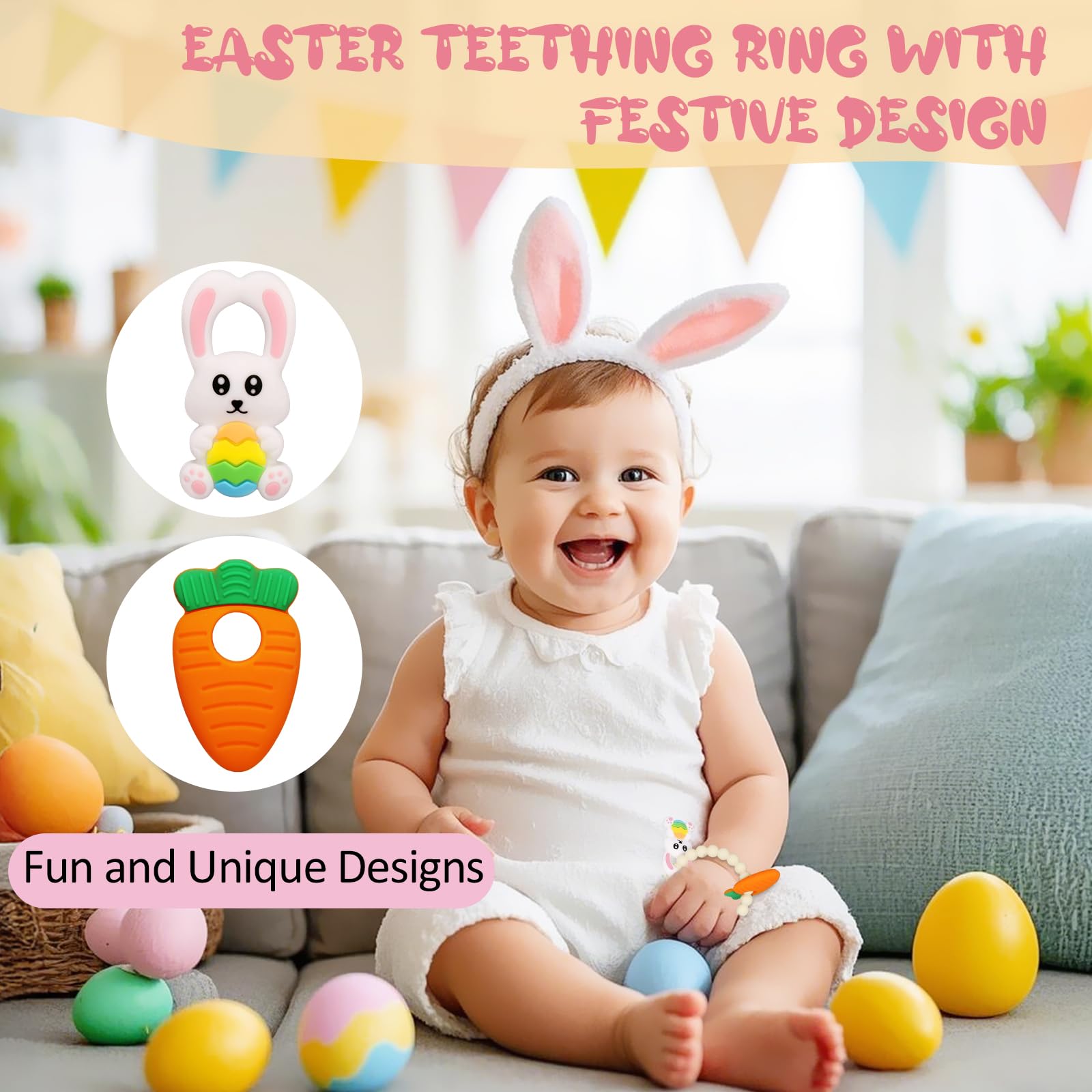 Easter Baby Teething Ring Toys – Bunny & Carrot Teethers for Newborns, Infants & Toddlers – Sensory Chew Bracelet for Teething Relief – Perfect Baby Shower Gift & Easter Basket Stuffers – Great for Soothing Sore Gums & Early Sensory Development