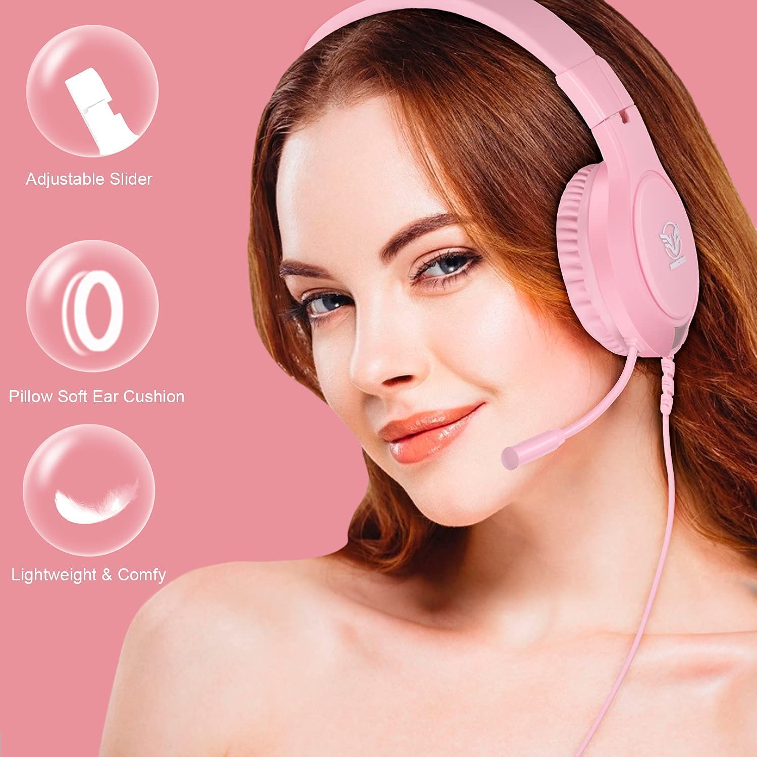 Pink Gaming Headset with Noise Cancelling & Bass Surround - Compatible with Nintendo Switch, Xbox One, PS4, PS5, PC, Laptop, iPad & Smartphones - Adjustable Over-Ear Wired Headphones with Flexible Mic - Perfect for Gaming, Streaming & Online Classes