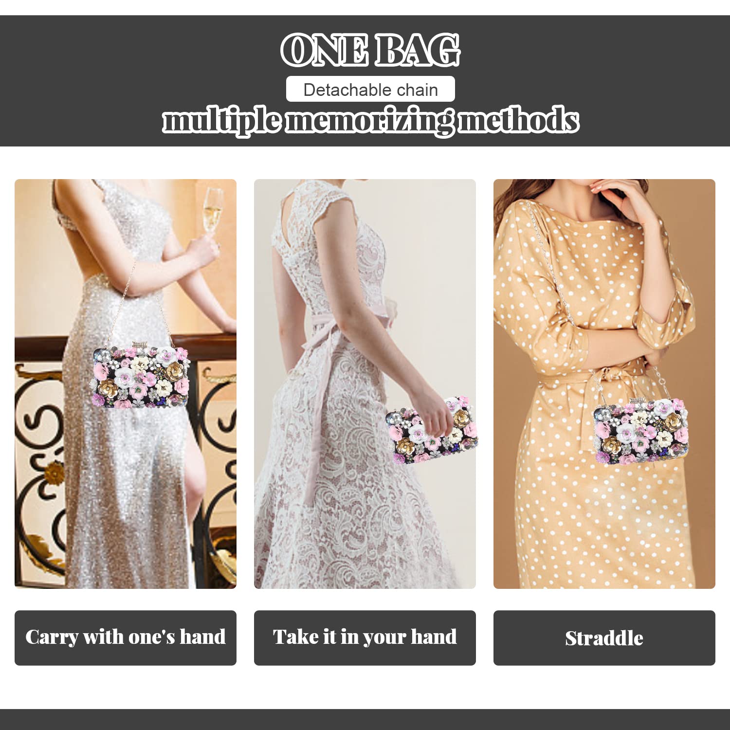 Stylish Women's Floral Evening Handbags with Rhinestones - Elegant Clutch Purse for Bride, Wedding & Party - Chain Shoulder Bag for Special Occasions | Perfect for Prom, Cocktail Events & Formal Gatherings