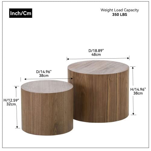 Round Wood Nesting Coffee Table Set of 2 - Walnut Side End Tables for Small Spaces | Living Room, Bedroom, Balcony & Office Decor | Compact Circle Accent Tables for Modern Homes