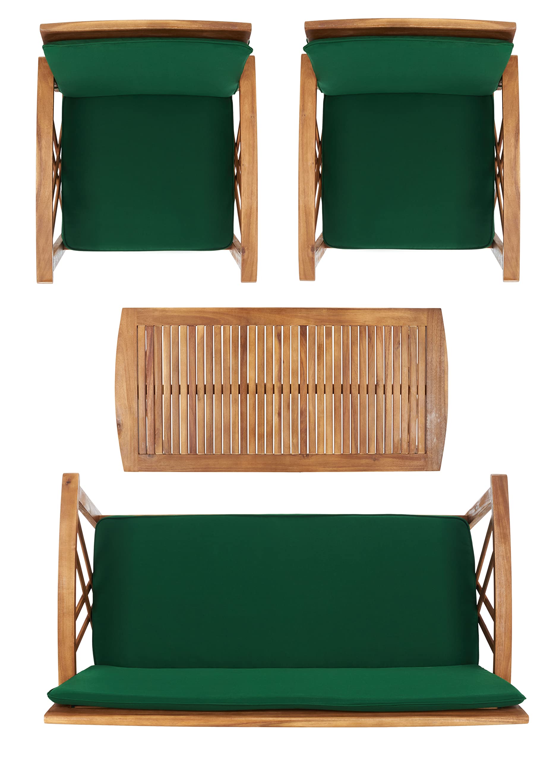 SAFAVIEH Outdoor Collection Fontana 4-Piece Patio Set with Natural/Green Cushions - Perfect for Garden, Backyard, and Poolside Conversation Areas