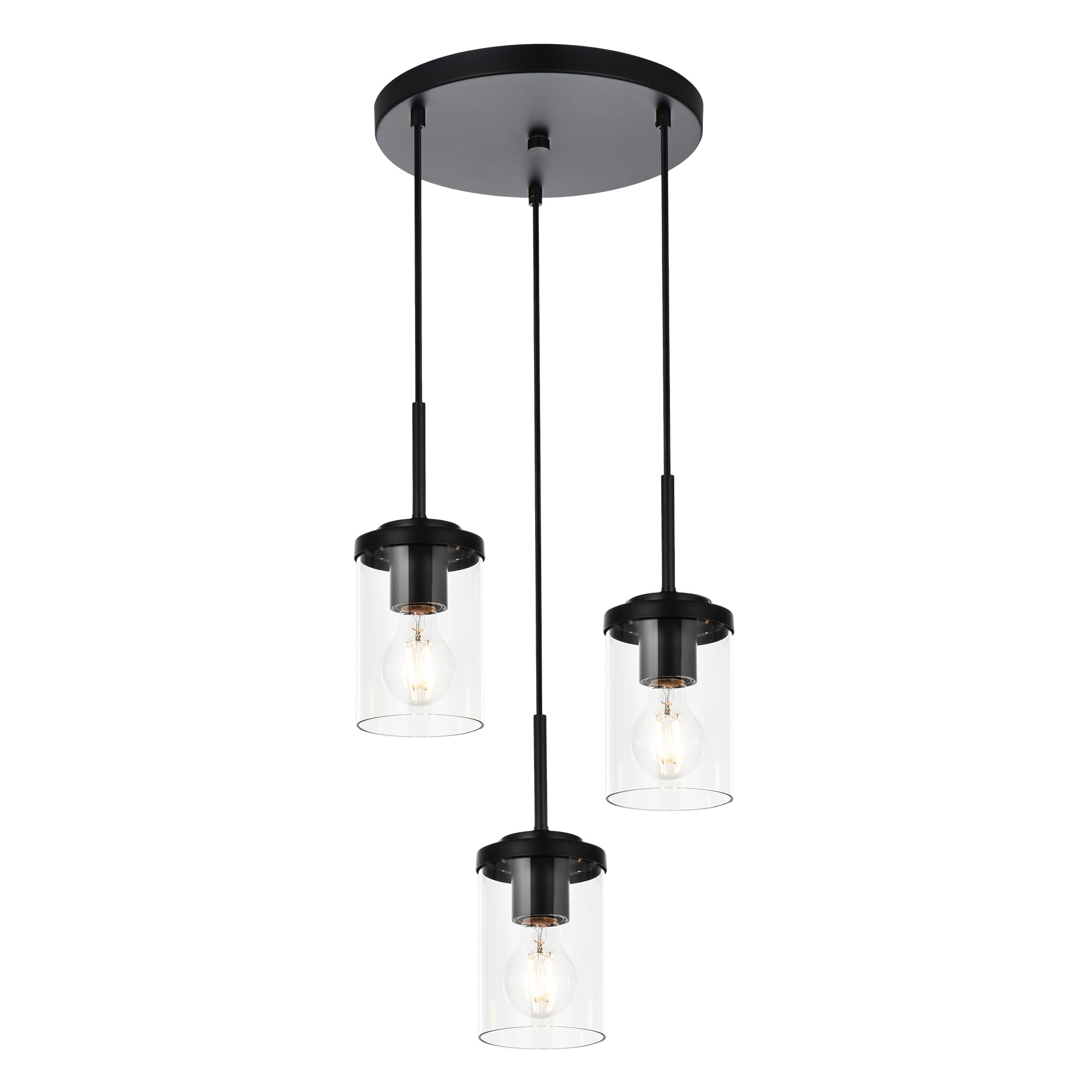 BONLICHT 3-Light Matte Black Industrial Glass Chandelier - Modern Farmhouse Cluster Pendant Lighting for Kitchen Island, Dining Room, Foyer & Hallway | Durable Hanging Ceiling Fixture for Home & Restaurant Decor