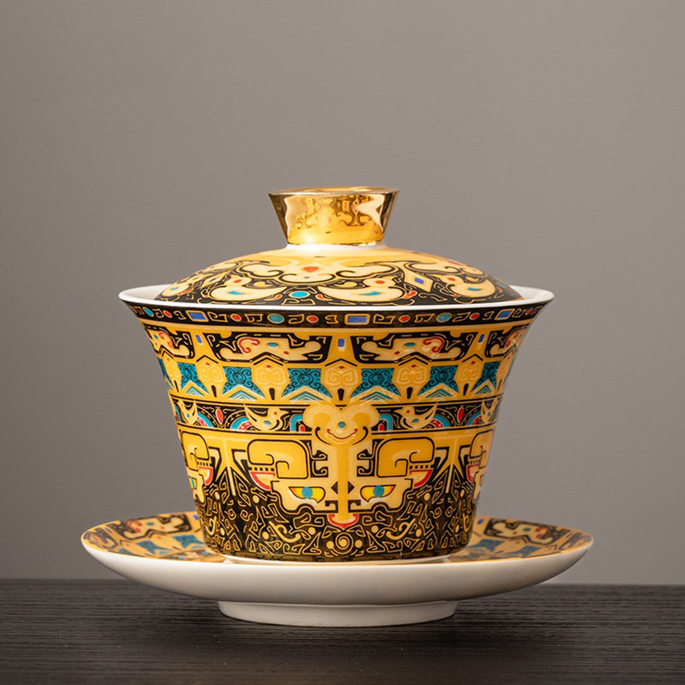 Hand-Painted Thangka Enamel Porcelain Gaiwan - Traditional Tibetan Tea Set for Gongfu Tea Ceremony, Meditation & Home Decor