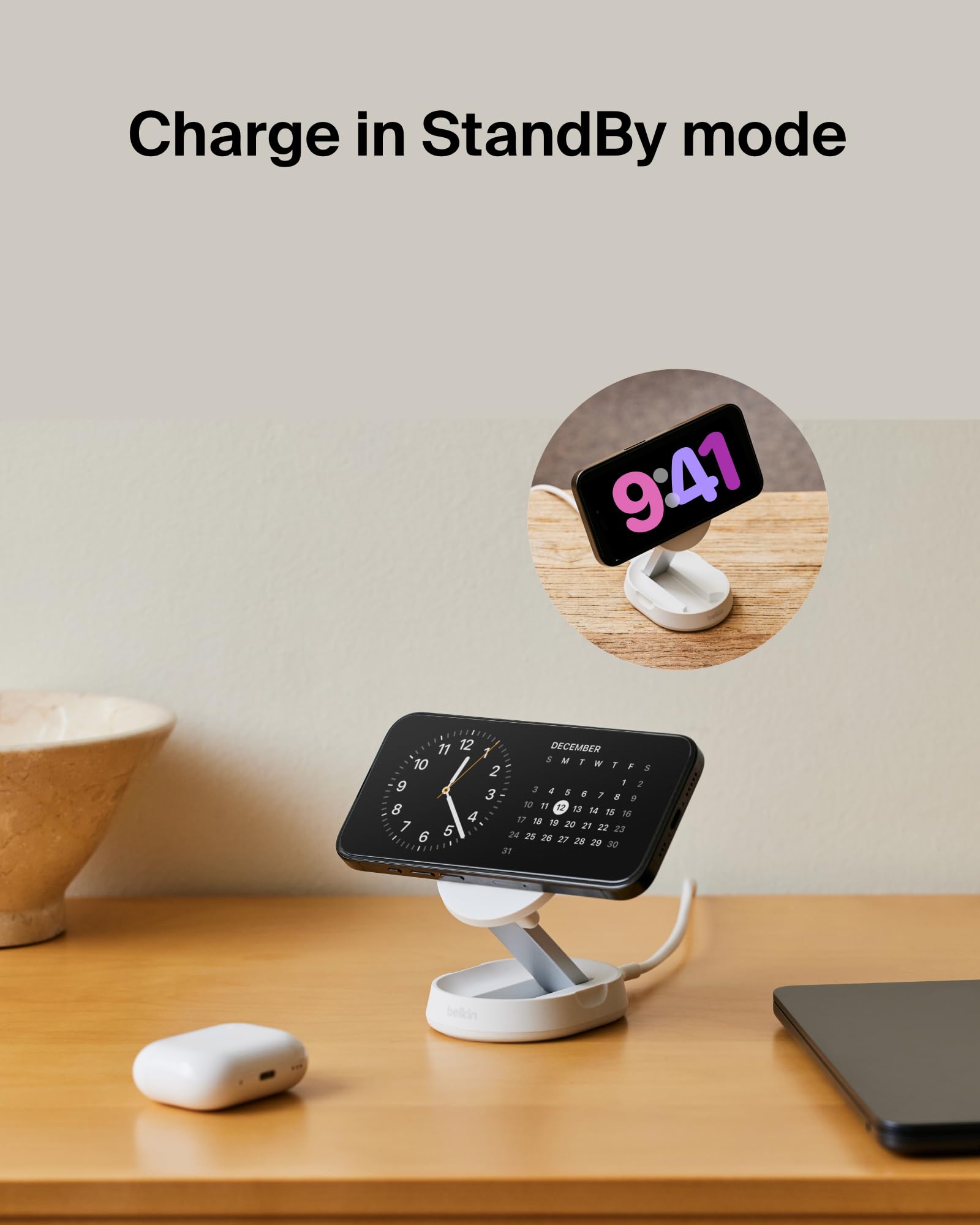 Belkin 15W MagSafe-Compatible Fast Qi2 Charging Stand - Magnetic Wireless Charger for iPhone 16/16 Plus/16 Pro/16 Pro Max, iPhone 15/14 Series, AirPods Pro & Qi-Enabled Devices (White) | Perfect for Bedside, Office & Travel Charging