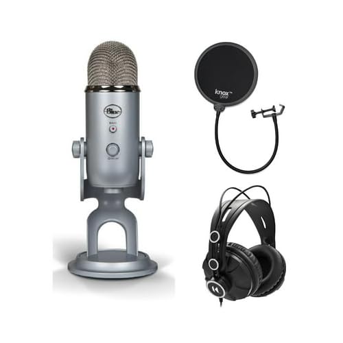 Blue Yeti USB Microphone Bundle with Knox Gear Headphones & Pop Filter - Professional Streaming, Podcasting & Gaming Setup (Silver) - Perfect for Home Studios, Twitch Streamers & Content Creators
