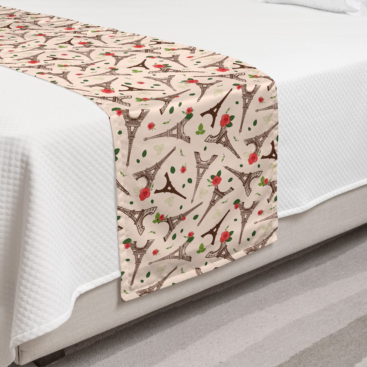 Ambesonne Paris Bed Runner Set with Eiffel Tower, Roses & Leaves Design - Decorative Bed Scarf & 2 Pillow Shams for Queen Bed in Blush Dark Rosewood | Perfect for Hotels, Homes & Romantic Bedroom Decor