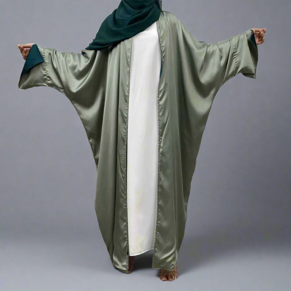 Reversible Satin Batwing Sleeve Farasha Cardigan Open Abaya Dress for Women - Elegant Muslim Abaya Dress for Prayer, Wedding & Special Occasions