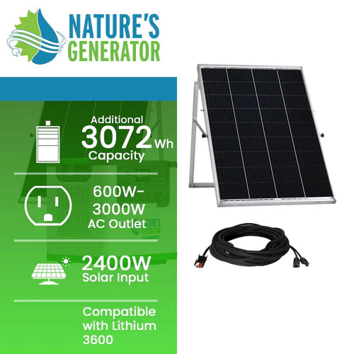 Natures Generator Lithium 3600 Solar Power Station with 2 x 100W Monocrystalline Solar Panels - Portable Solar Generator for Camping, RV, Emergency Backup & Off-Grid Power