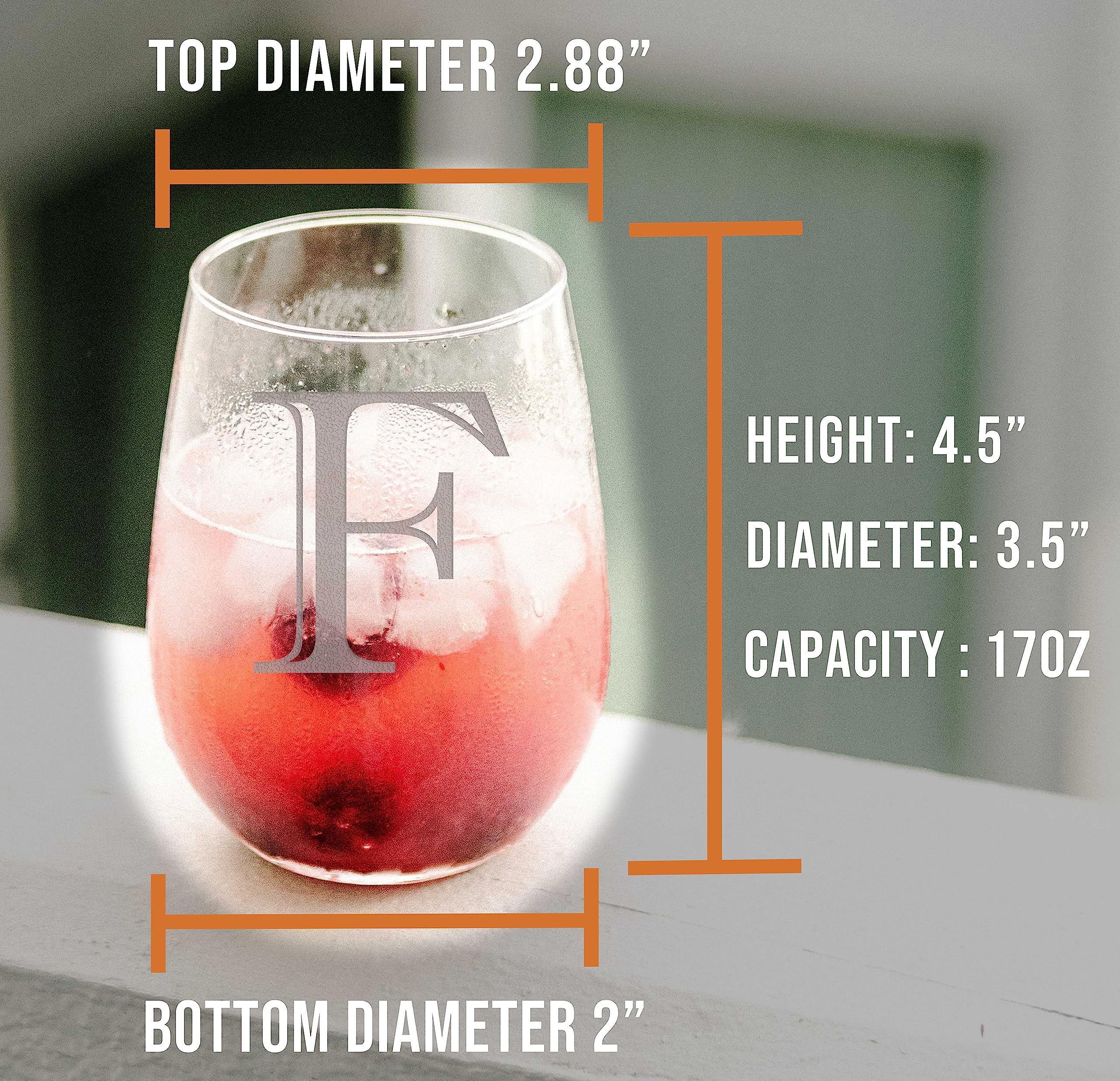 Personalized Monogram Etched 17oz Stemless Wine Glass - Custom Letter F (A-Z Available) | Unique Birthday Gifts for Women, Bridal Shower Favors, Housewarming Present, Wedding Anniversary Keepsake | Perfect for Wine Tasting Parties, Romantic Dinners & Special Occasions