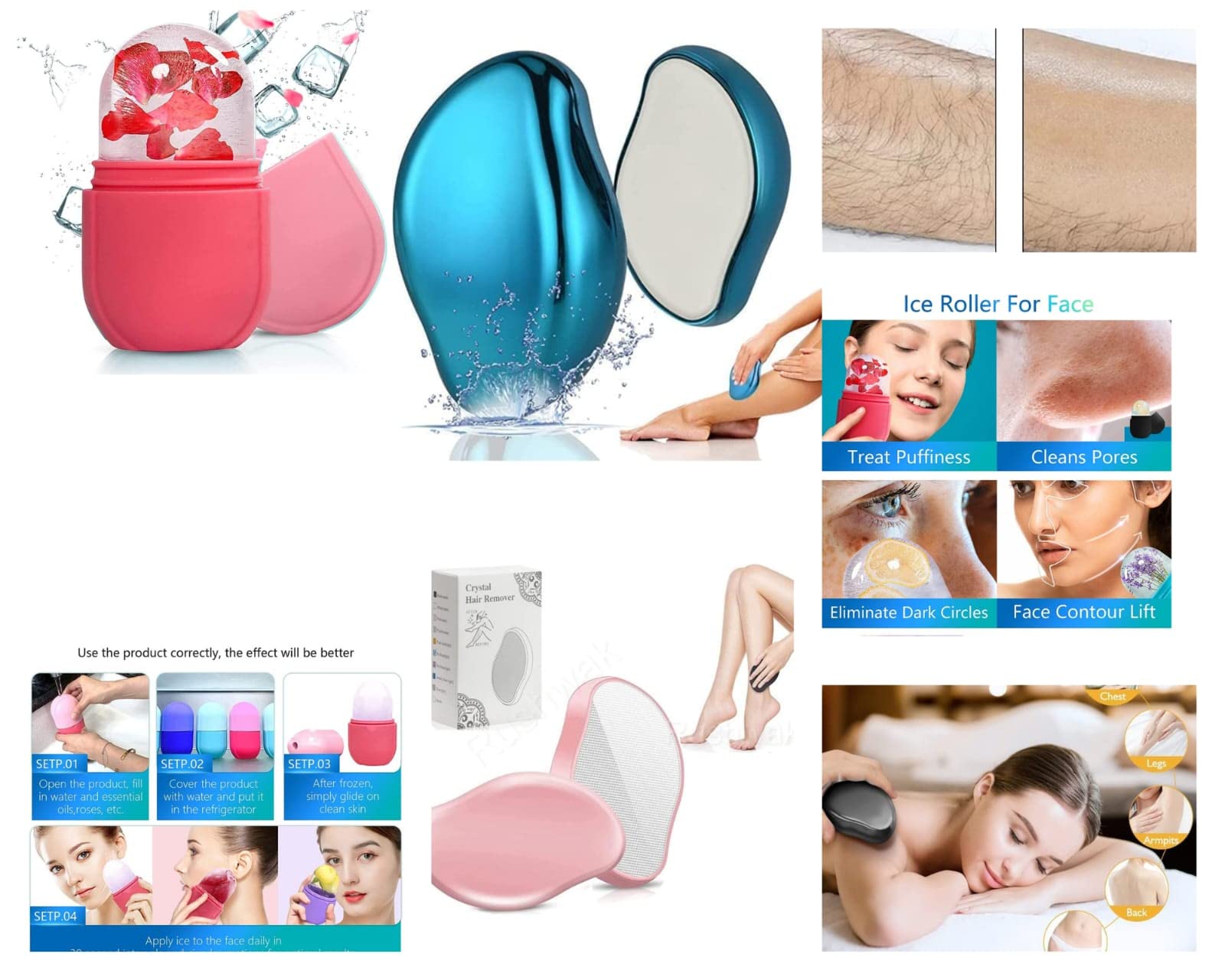 Gamins Gadgets® Crystal Hair Remover & Ice Roller Set for Face, Neck & Body - Puffy Eyes Relief & Painless Hair Removal for Men & Women | Perfect for Skincare Routine & At-Home Spa Treatments