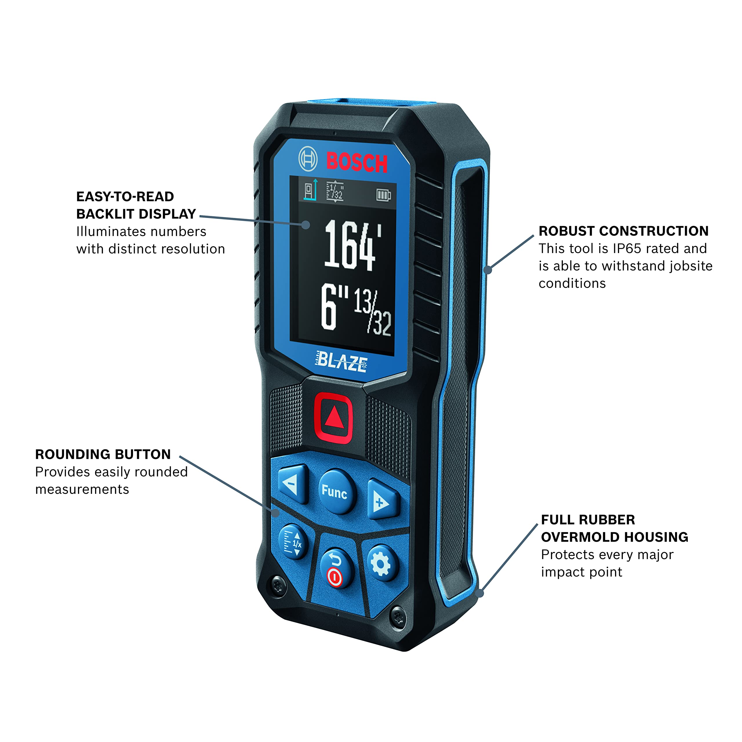 BOSCH GLM165-22 165 Ft Laser Distance Measure with Blaze Technology - Includes 2 AA Batteries, Belt Clip & Carrying Pouch - Perfect for Construction, Home Renovation and DIY Projects