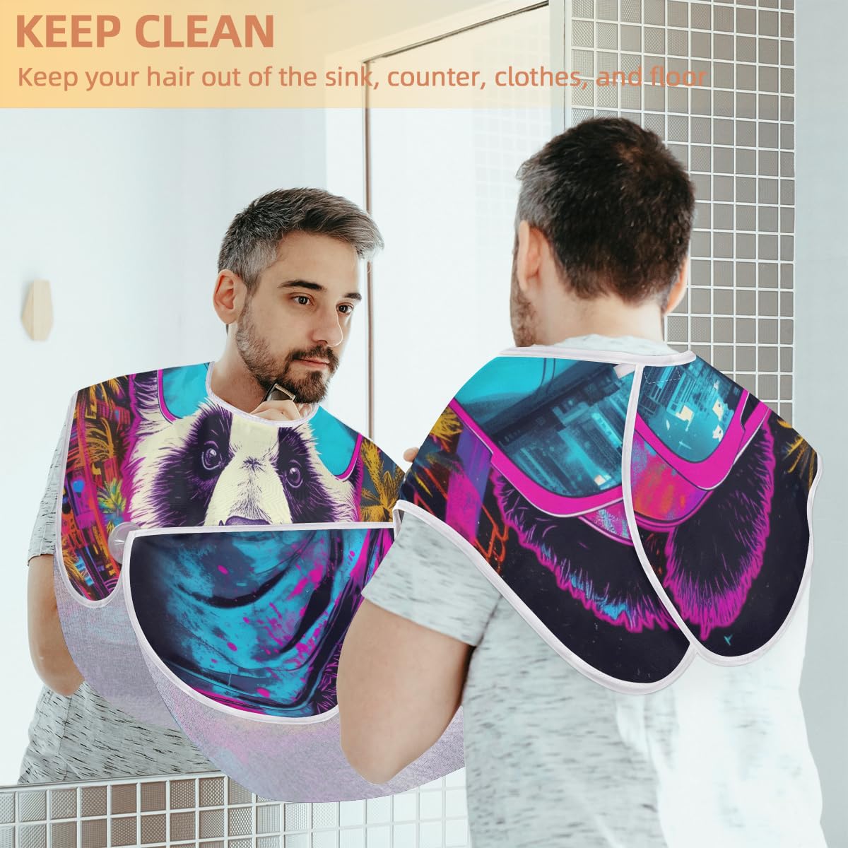 Panda Neon Beard Shaving Bib for Men - Waterproof Hair Dye Apron & Makeup Cape for Barber Styling, Haircut, Beard Trimming - Perfect Salon & Home Grooming Accessory (Great Gift for Barbers & Stylists)