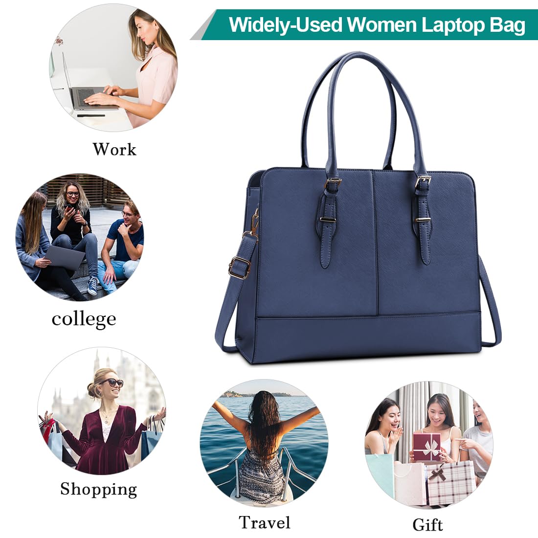 Premium Leather Laptop Tote Bag for Women - 15.6 Inch Waterproof Business Work Bag with Large Capacity - Professional Office Shoulder Handbag in Blue - Perfect for Commuting, Business Travel & Work Meetings