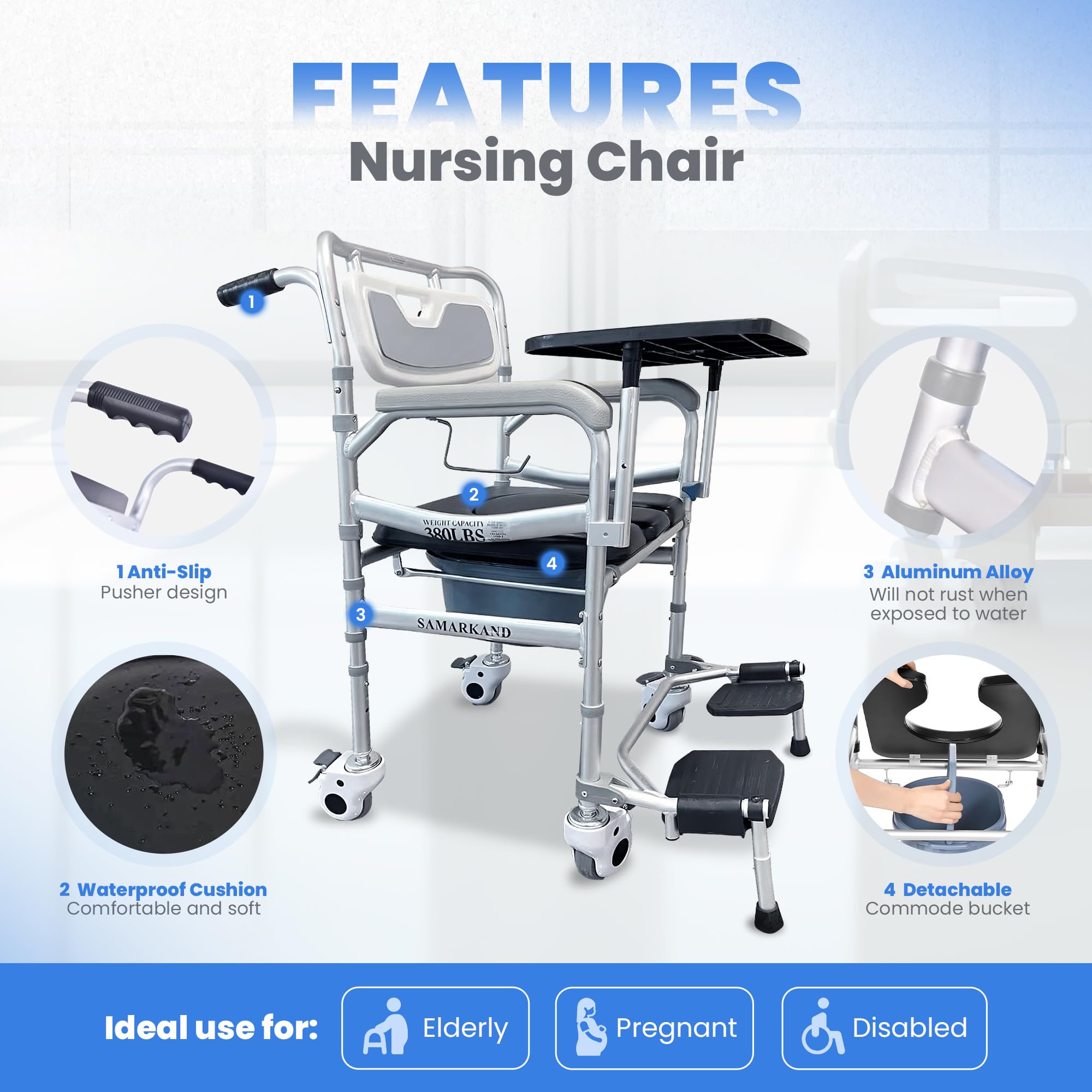 3-in-1 Wheeled Shower Commode Chair with Arms & Removable Tray - Adjustable Height Bathroom Safety Seat for Elderly & Disabled Adults - Ideal for Toilet, Shower & Mobility Assistance - Durable Medical Commode Wheelchair (Silla de Ruedas para Adultos)