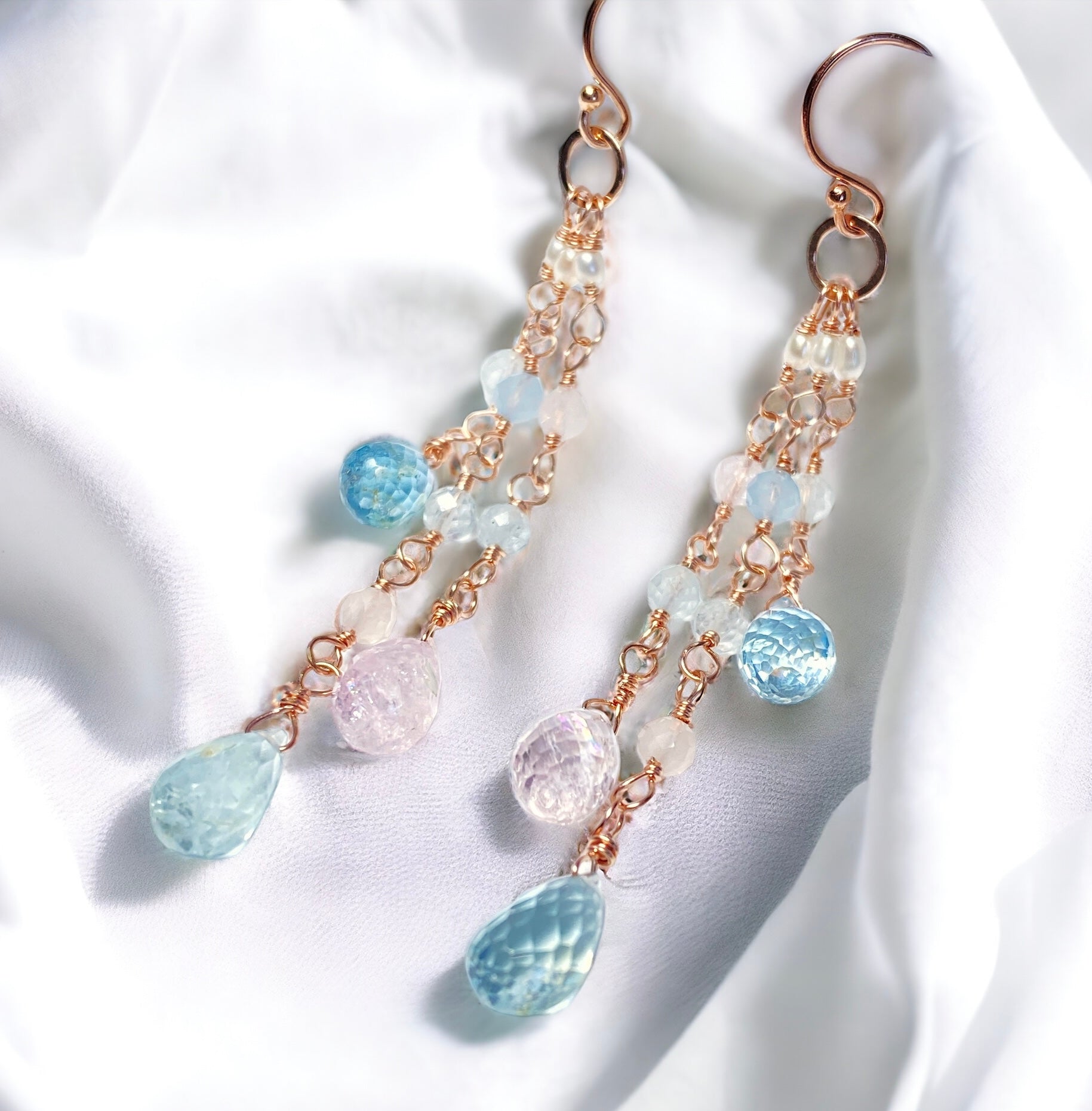 Rose Gold Aquamarine Gemstone Dangle Earrings - Long Tassel Drop Earrings for Women | Perfect for Weddings, Parties & Evening Events