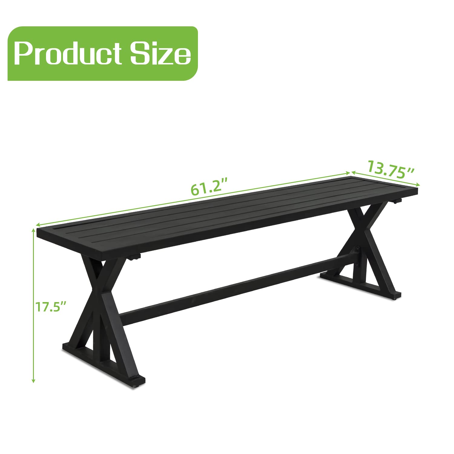 MEOOEM Black Outdoor Patio Bench - Heavy Duty Industrial Garden Bench for Park, Lawn, Lounge & Picnic - Weather Resistant Steel Furniture (61.2