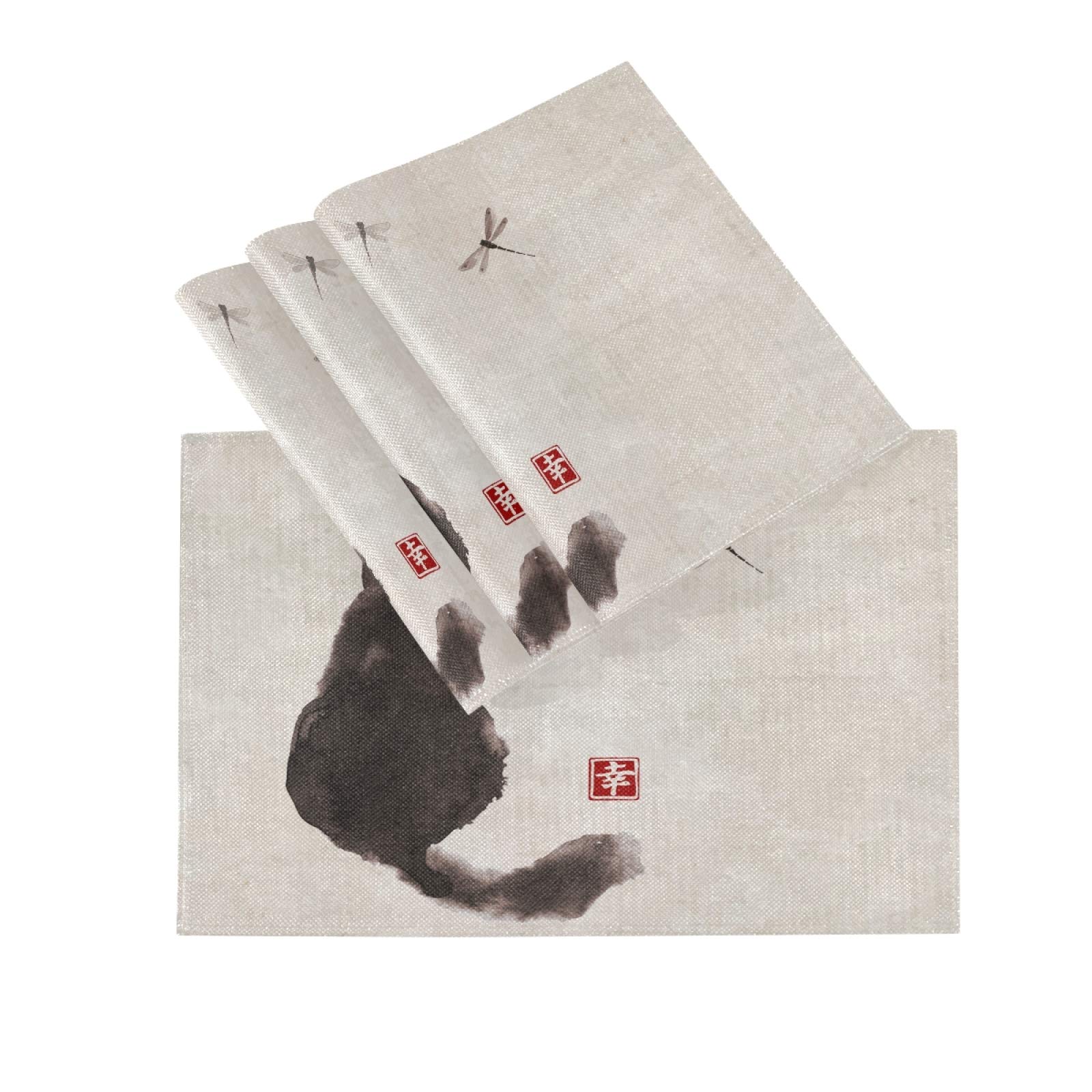 Retro Black Fluffy Cat & Dragonfly Placemats Set of 4 - Non-Slip Vinyl Table Mats 12x18 Inches for Dining Table, Kitchen Decor, Home Decoration - Perfect for Everyday Meals, Dinner Parties & Holiday Gatherings