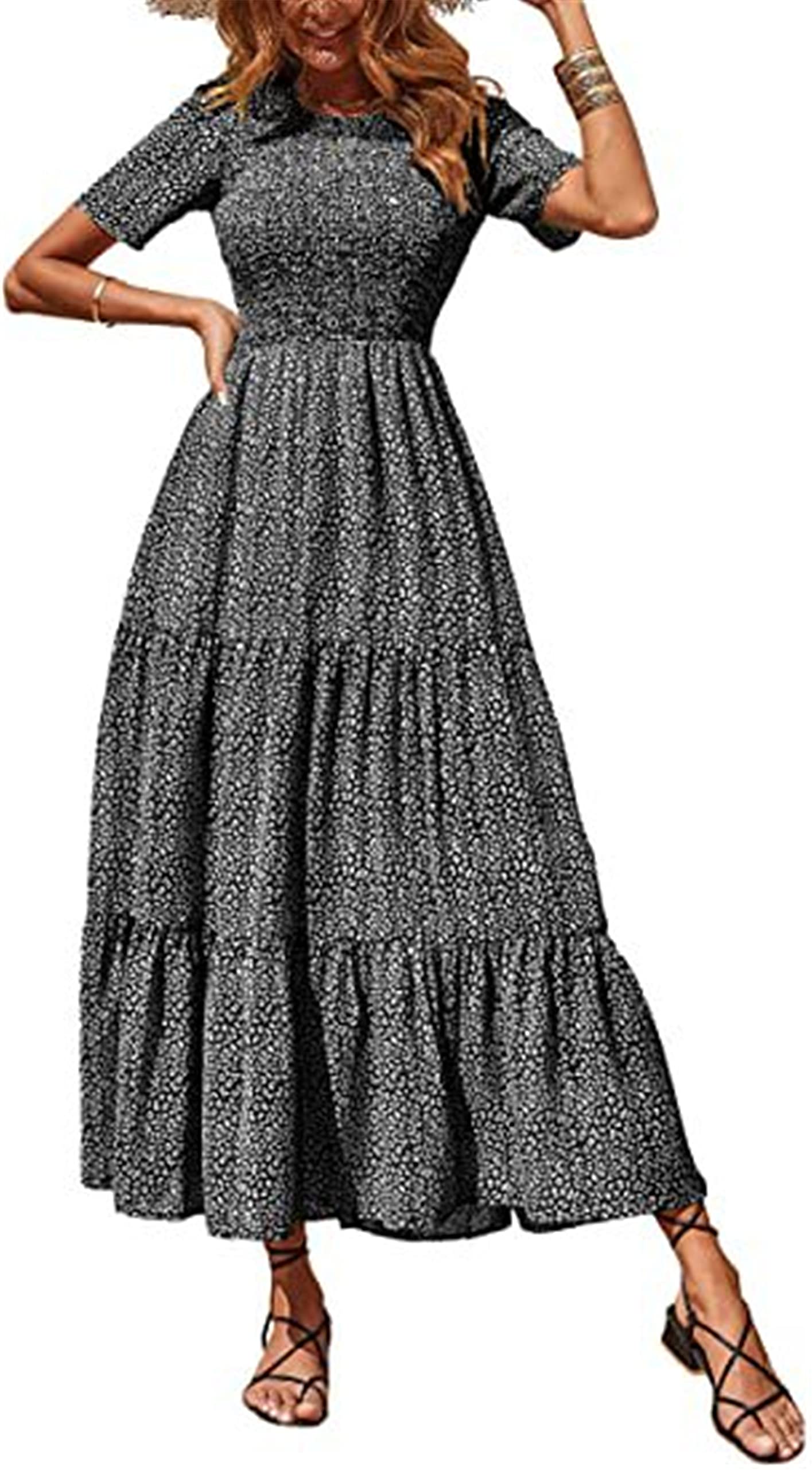 EAFANA Women's Summer Casual Puff Sleeve Midi Dress - Flowy A-Line Ruffle Boho Beach Dress with Plaid Pattern | Perfect for Vacation, Outdoor Parties & Date Nights