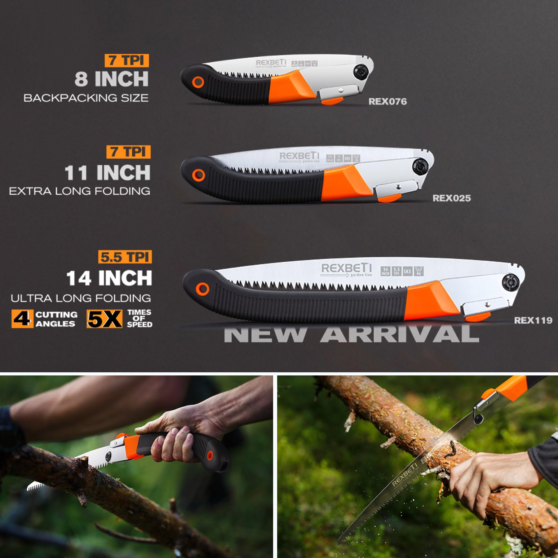 REXBETI 11-Inch Folding Saw with SK-5 Steel Blade - Heavy Duty Hand Saw for Wood Cutting, Camping, Pruning Dry Wood & Outdoor Use - Portable Folding Saw for Gardening, Hiking, Survival & DIY Projects
