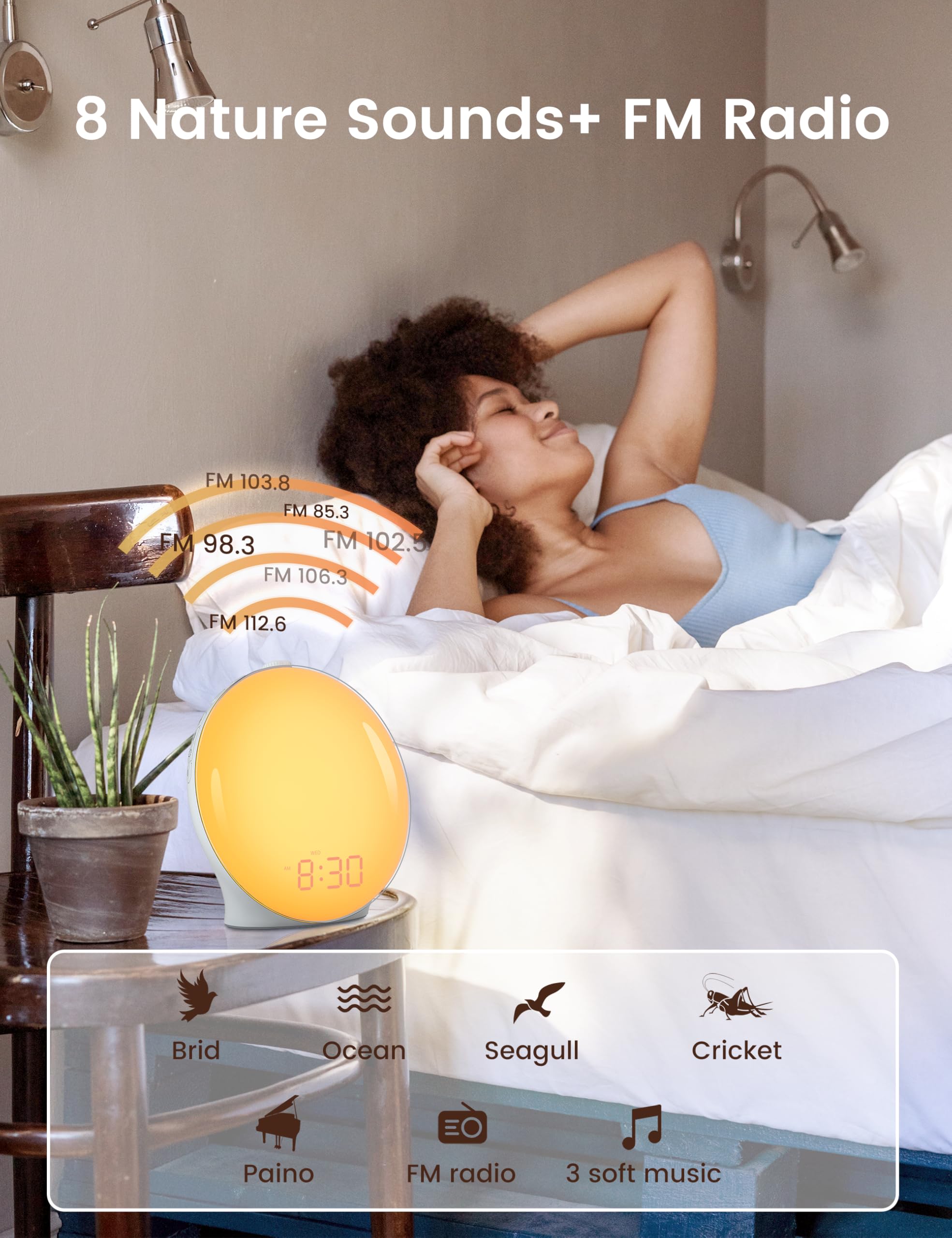 Sunrise Alarm Clock for Heavy Sleepers - Wake Up Light with Sunrise Simulation, Dual Alarms, FM Radio & 8 Natural Sounds | 14 Color LED Night Light for Bedroom | Perfect for Adults, Kids & Light Therapy