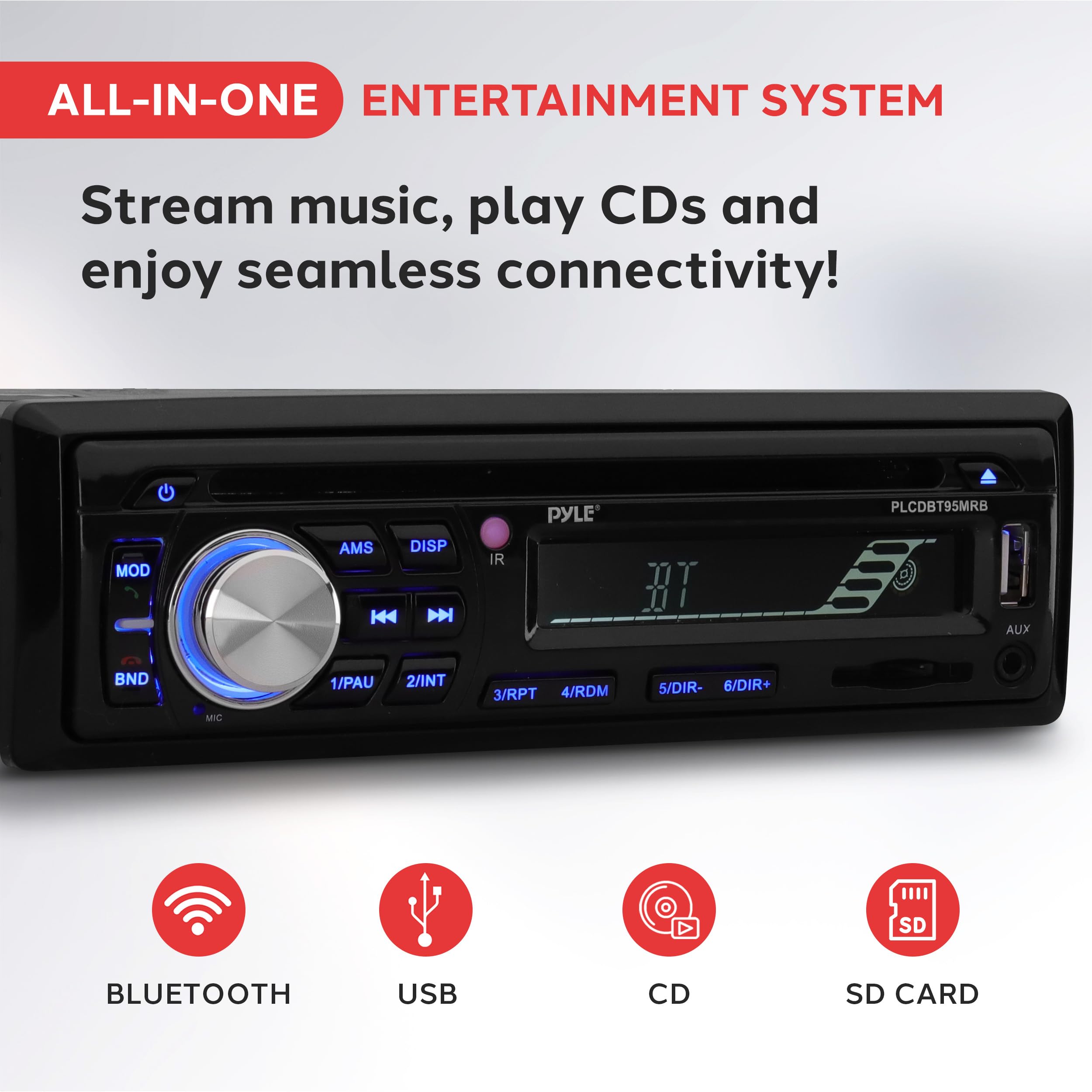 Pyle Wireless Bluetooth Marine Audio Stereo System - Single DIN Universal Car Stereo Receiver with 6.5