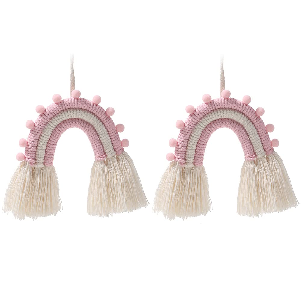 2Pcs Boho Rainbow Wall Hanging Decor - Handmade Macrame Tassel Wall Art for Bedroom, Nursery, Living Room - Pink Nordic Woven Wall Decor Perfect for Home, Dorm & Wedding Decorations