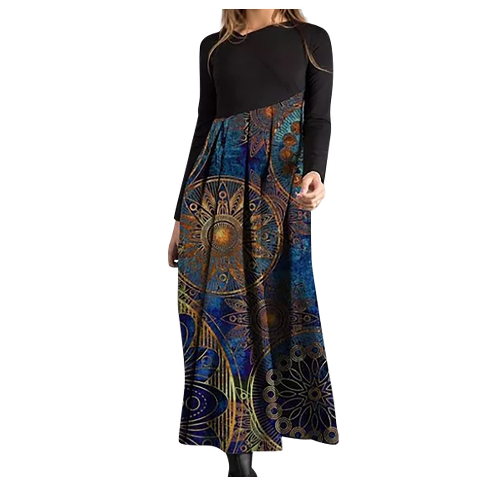 HAOREEKZ Women's Bohemian Printed Long Sleeve Dress - Fall Winter Casual Slim Fit Maxi Dress for Women | Perfect for Autumn Outings, Holiday Parties & Boho Fashion Looks