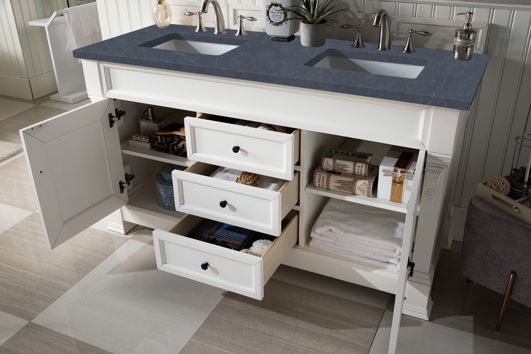 Brookfield 60 Inch Double Vanity with Bright White Finish and 3CM Charcoal Soapstone Quartz Countertop - Perfect for Modern Bathroom Renovation & Master Suite Upgrade