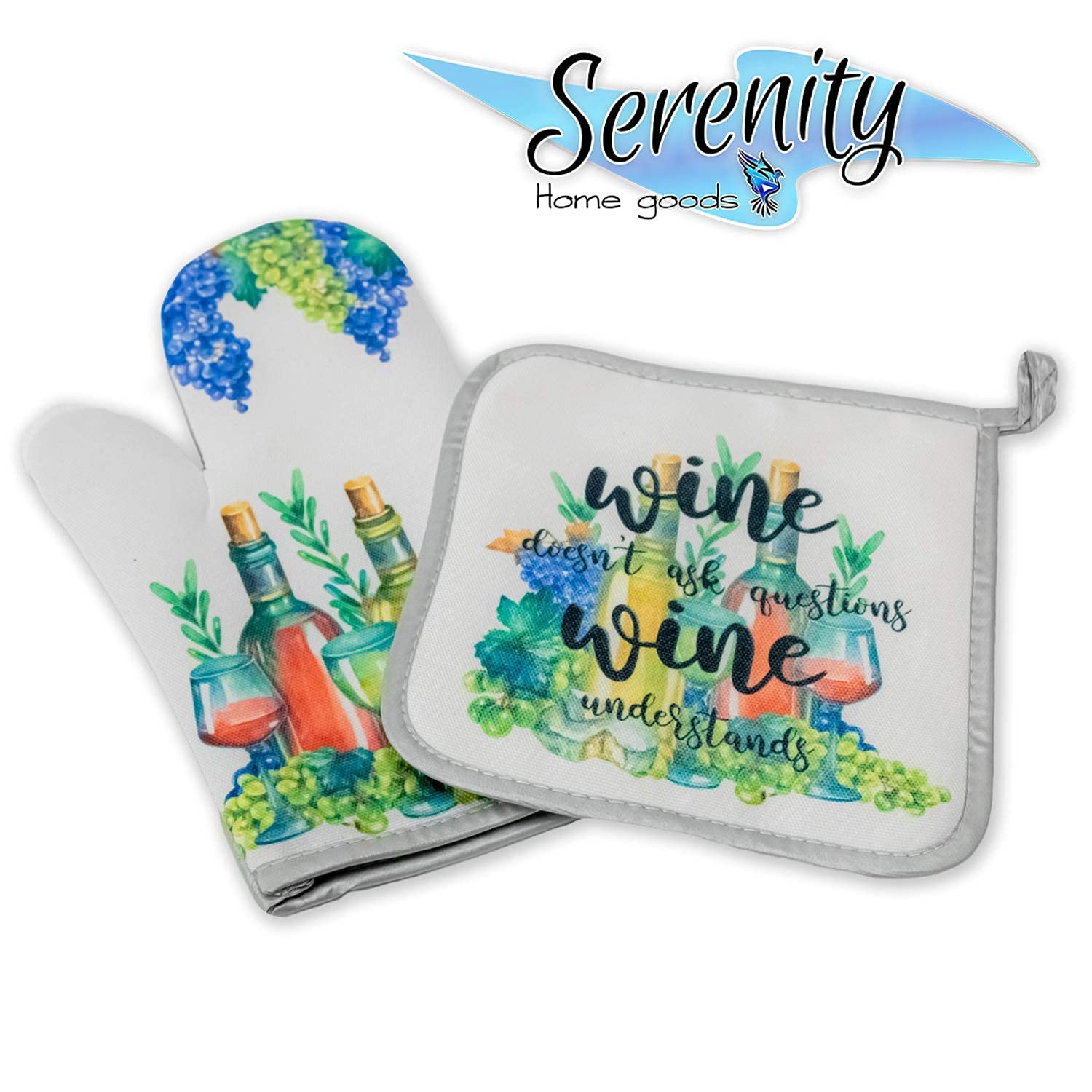 Decorative Kitchen Hot Plate Pot Holder Oven Mitt Set - Wine & Grape Themed Purple Green Heat Resistant Cooking Accessories for Spring Summer Fall | White Home Decor for Holiday & Christmas Gift Giving | Perfect for Baking, Cooking, and Hosting Dinner Parties