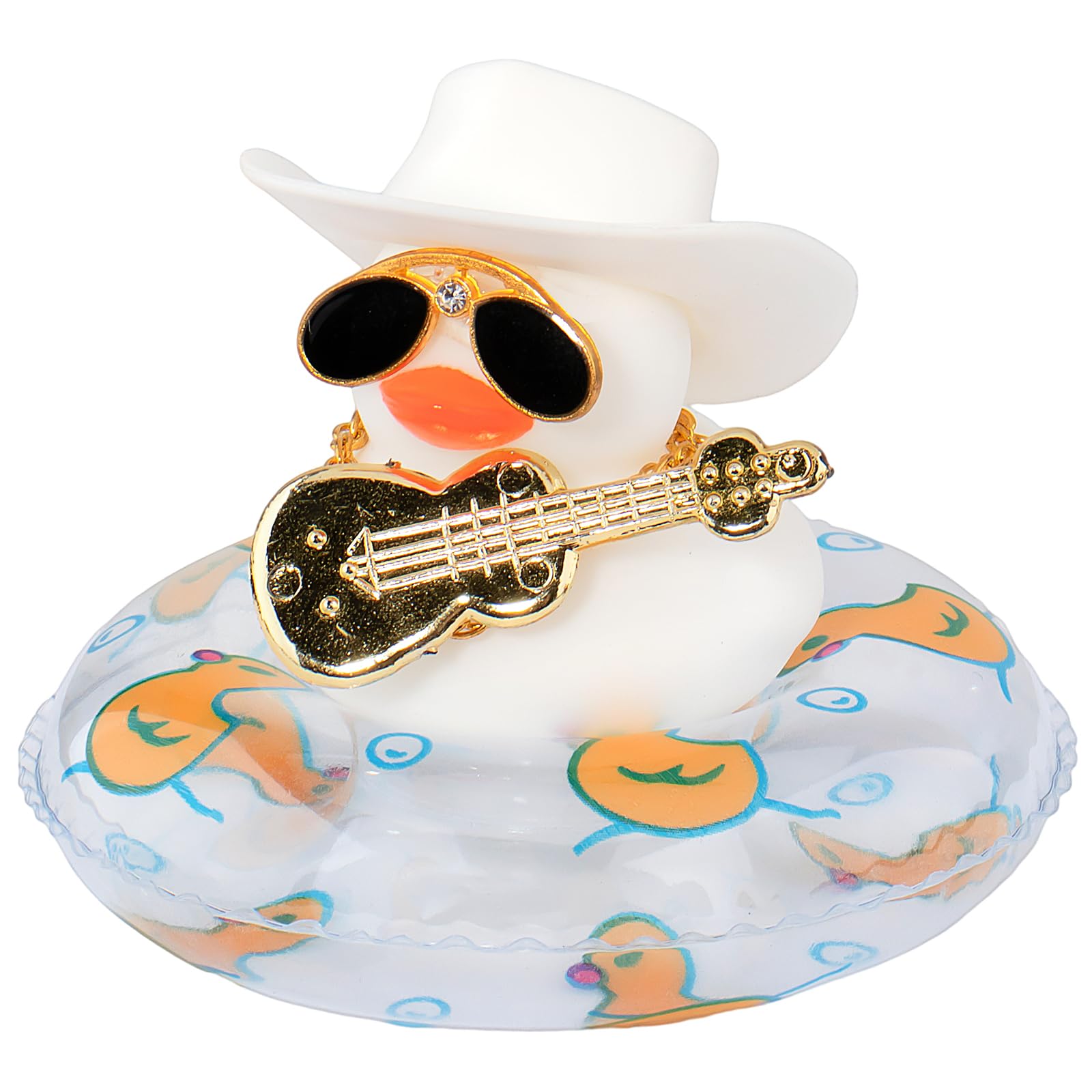 Wonuu Car Dashboard Rubber Duck Decoration - Fun Car Accessory with Mini Hat, Necklace, Sunglasses & Musical Instrument (White Cowboy Hat Style) - Perfect for Car Interior Decoration, Gifts & Road Trip Fun