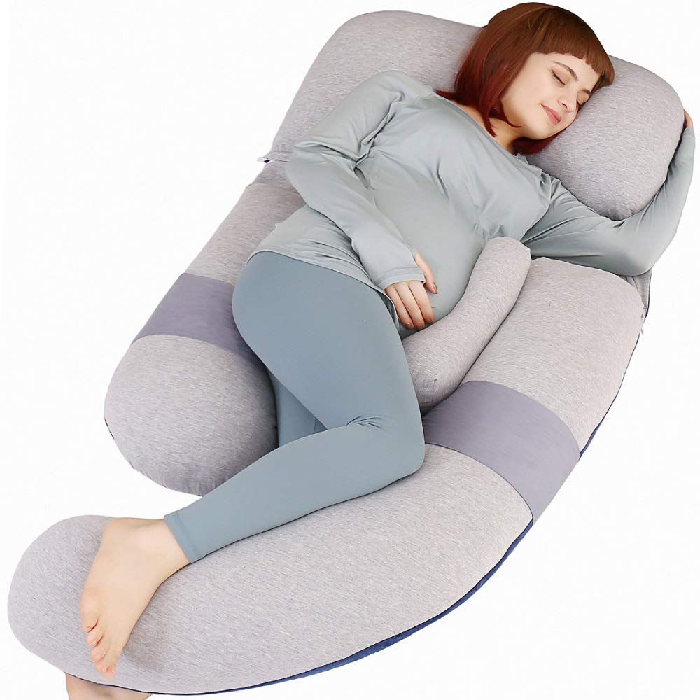 MOON PINE 60 Inch Pregnancy Pillow for Maternity Support - Detachable U-Shaped Full Body Pillow for Pregnant Women, Grey & Blue Velvet & Jersey Cover - Perfect for Side Sleeping, Back Pain Relief and Comfortable Pregnancy Sleep