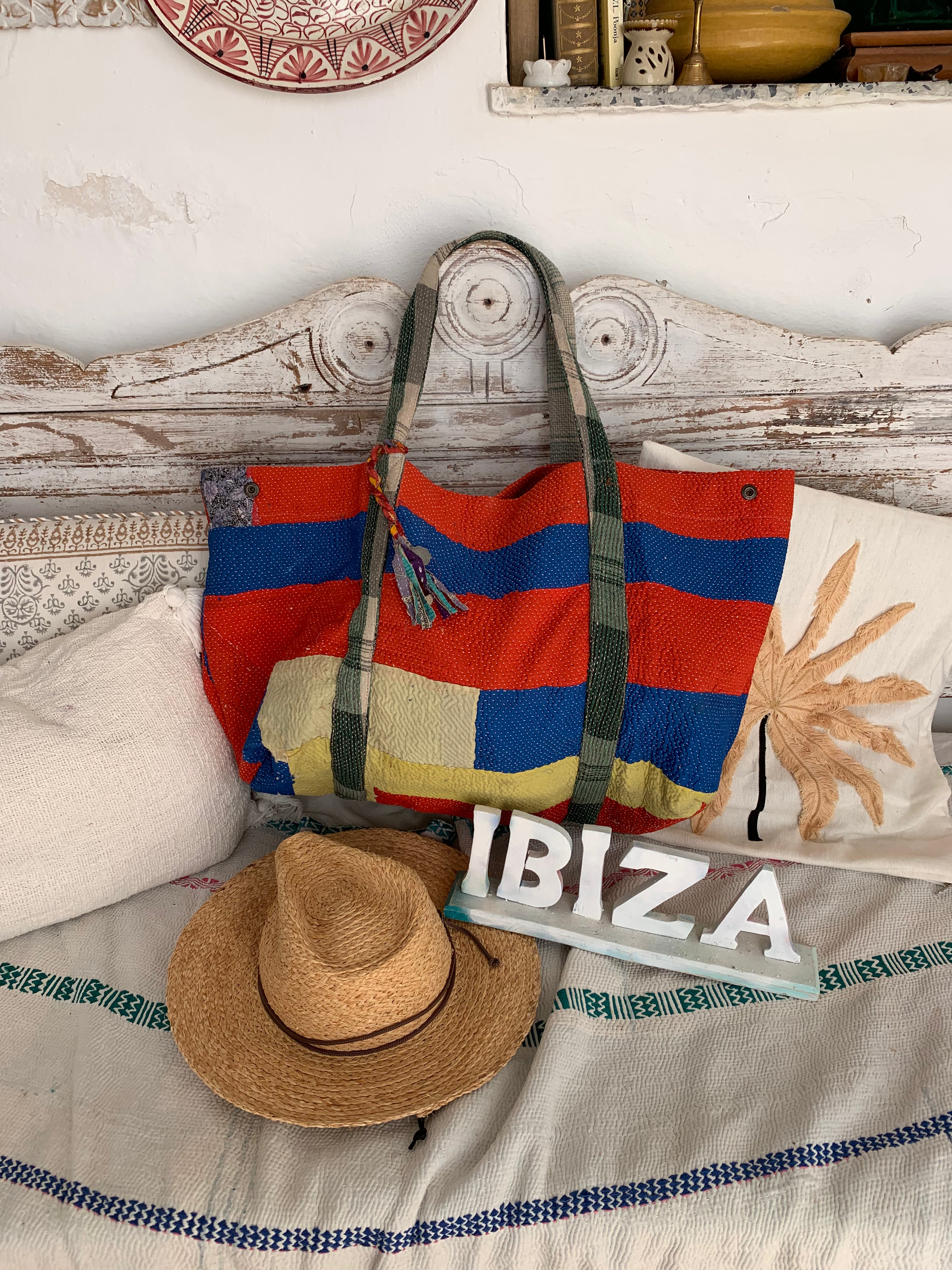 Vintage Kantha Beach Bag - Handmade Boho Travel Tote for Women, Perfect for Beach Trips, Picnics, and Weekend Getaways