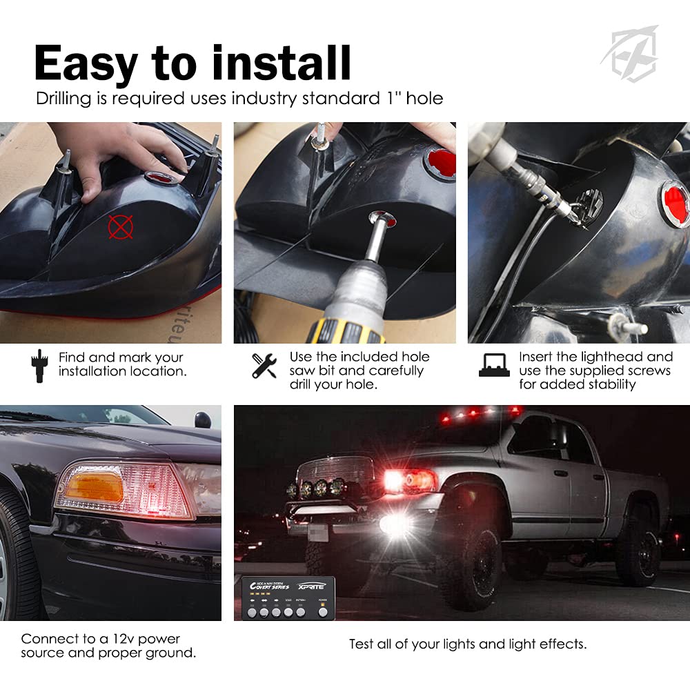 Xprite White & Red LED Hideaway Strobe Lights Kit - 20 Flashing Patterns with Control Panel for Headlights, Taillights & Fog Lights - 8PC Interior Mounting Kit for Emergency Vehicles, Firefighter Cars, Trucks & SUVs - Perfect for Roadside Emergencies, Construction Zones & Security Patrols