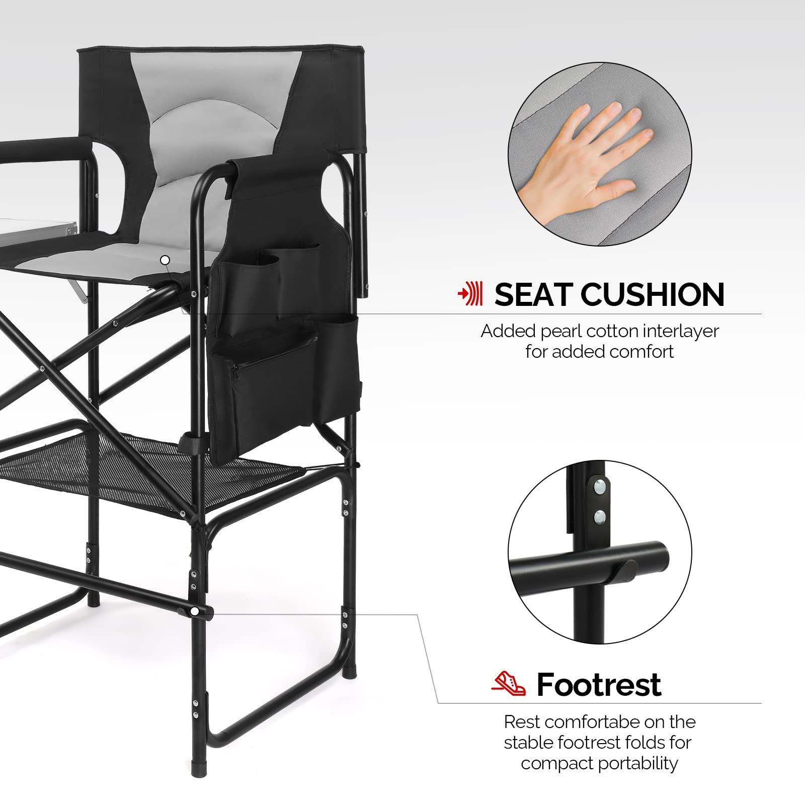 Mefeir 30 Inch Heavy Duty Directors Camping Chair with Side Table - Portable Folding Bar Height Chair for Outdoor, Beach, Picnics & Makeup Artists - 300 lbs Capacity Aluminum Frame