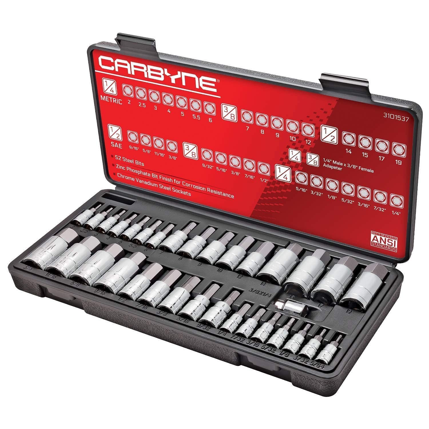 CARBYNE 47-Piece Hex Bit Socket Set - 33 Master + 7 Extra Long Metric & 7 Extra Long SAE - Professional Grade Tool Kit for Automotive Repair & DIY Projects