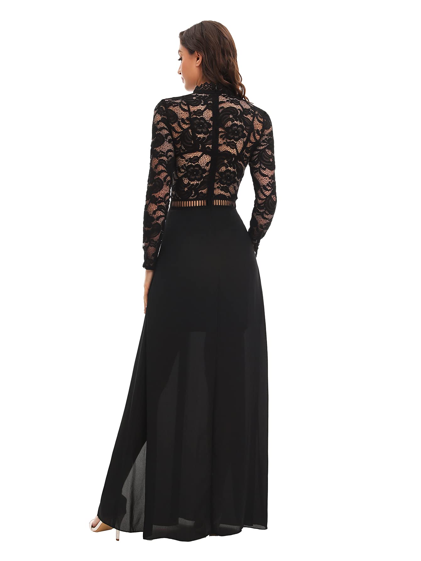 SweatyRocks Women's Sexy Sheer Lace Long Sleeve Split Maxi Cocktail Dress for Evening Party, Formal Events & Special Occasions