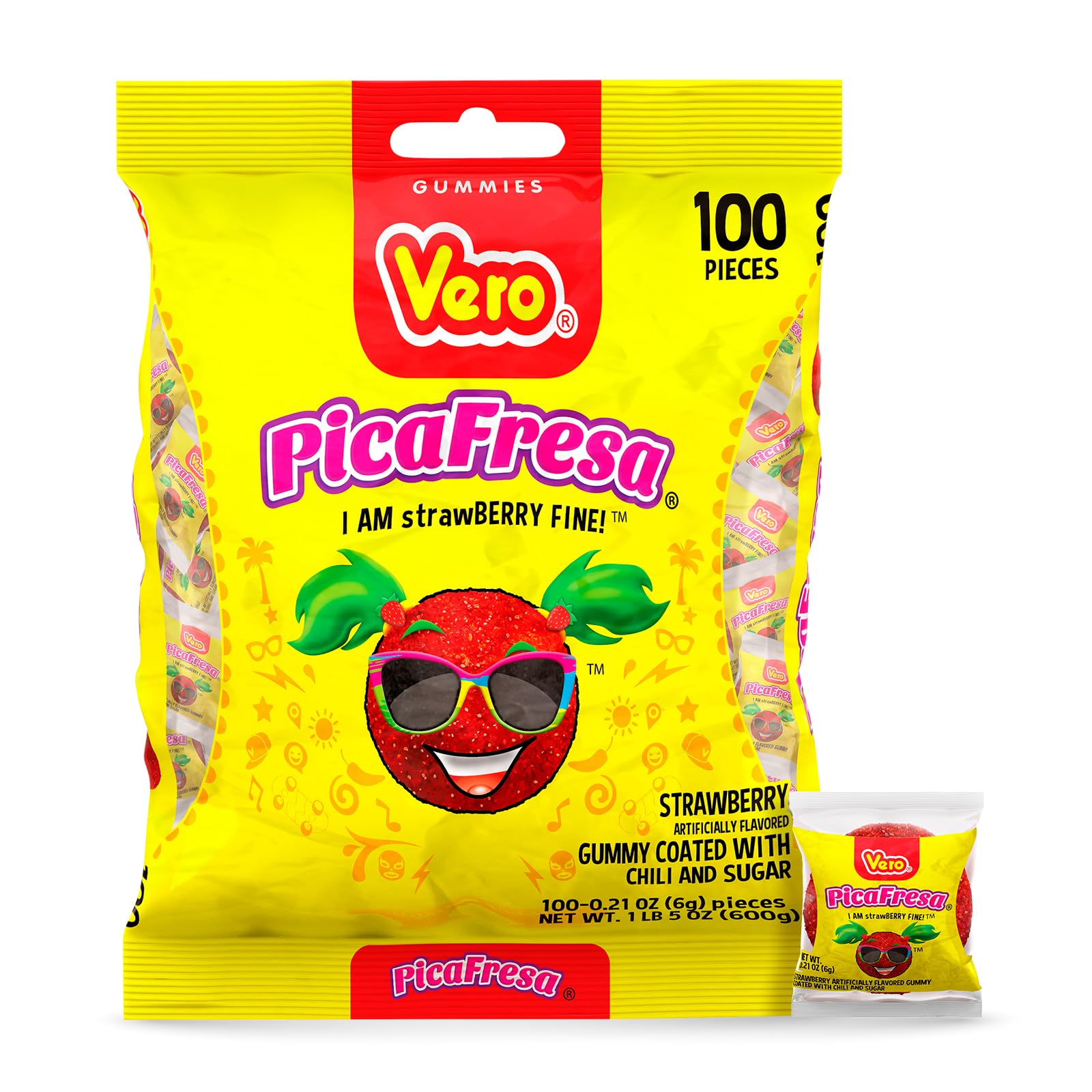 Vero PicaFresa Strawberry Gummy Candy - 100 Individually Wrapped Chewy Treats (1 LB, 5.15 oz Each) - Mexican Candy for Piñatas, Halloween, Parties & Snacking - Sweet & Tangy Flavor Perfect for Sharing at Events